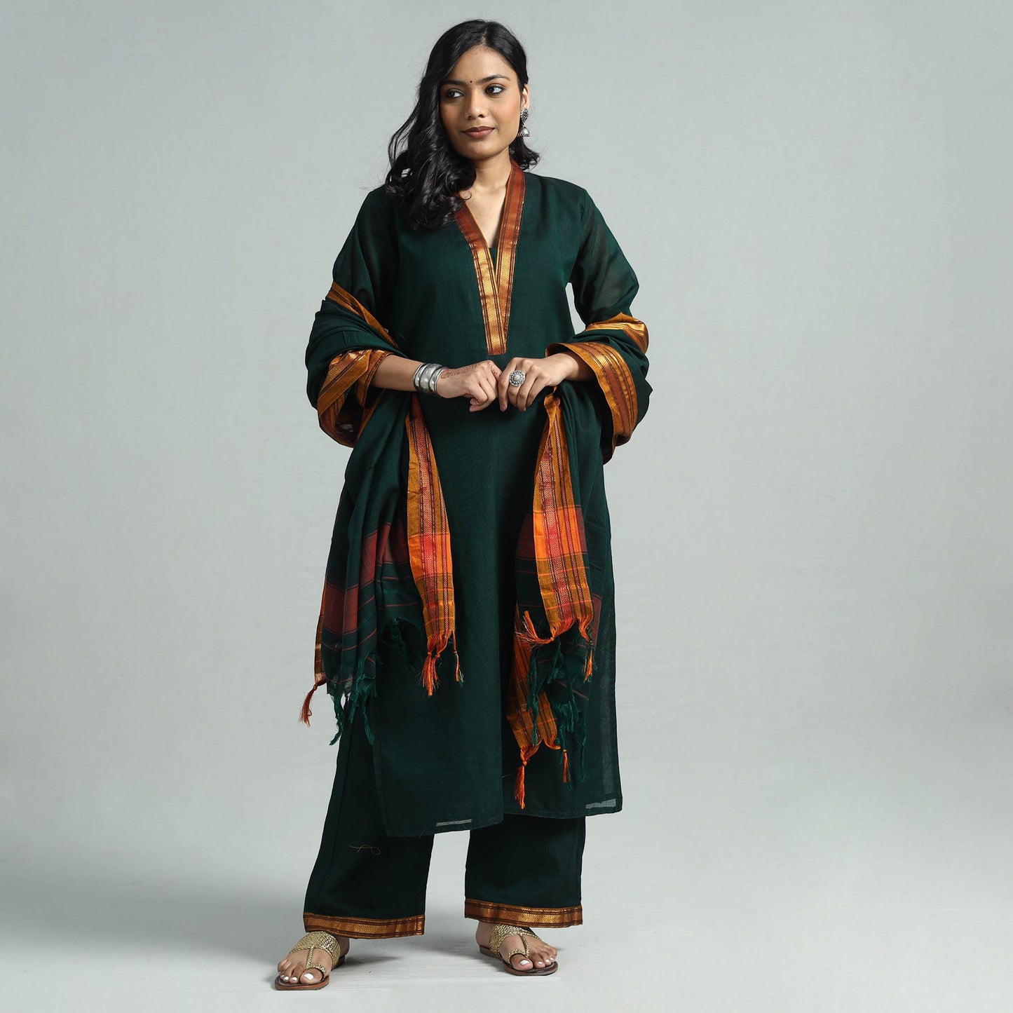 Dark Green - Dharwad Cotton Kurta with Palazzo & Dupatta Set