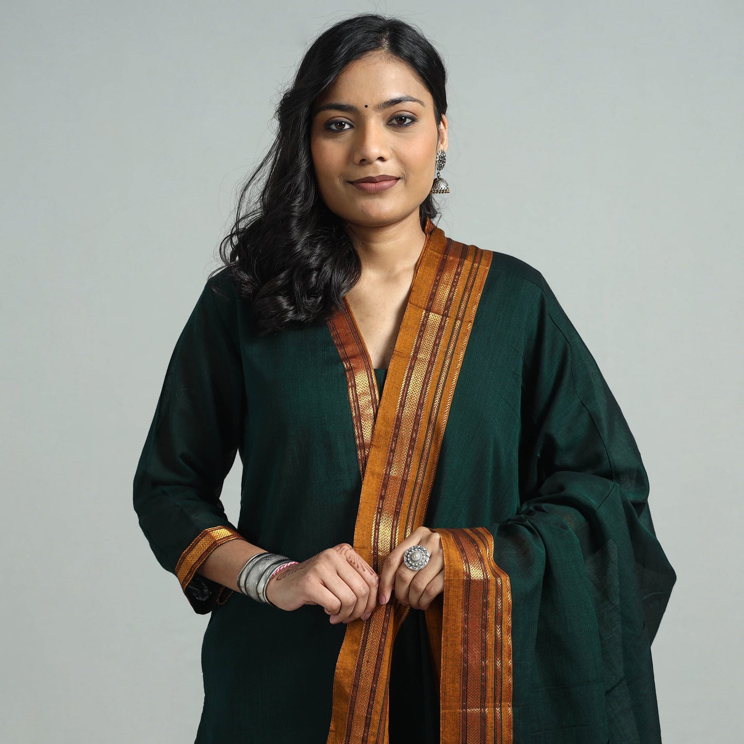 Dark Green - Dharwad Cotton Kurta with Palazzo & Dupatta Set