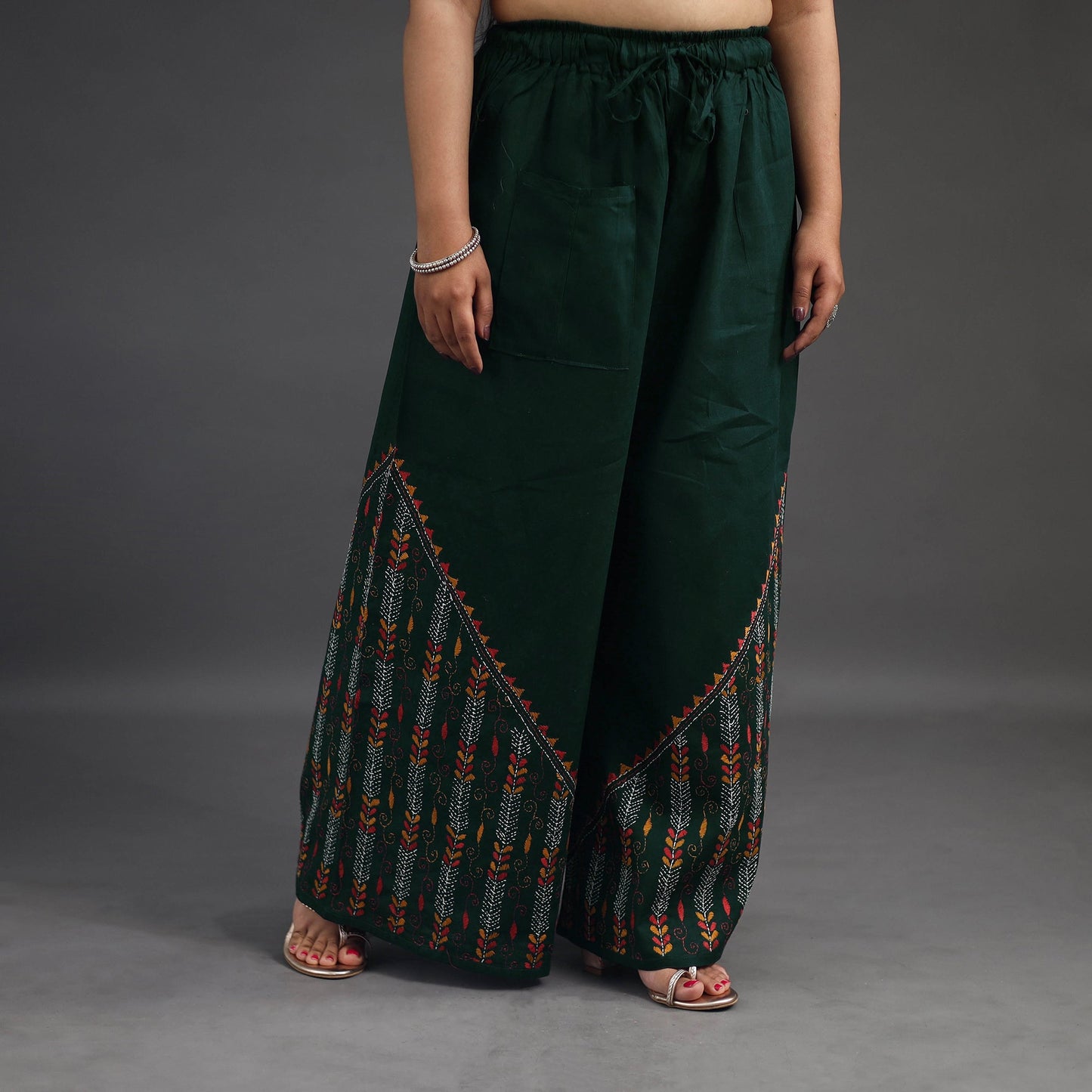 Dark green - kantha hand embroidery palazzo in cotton 03