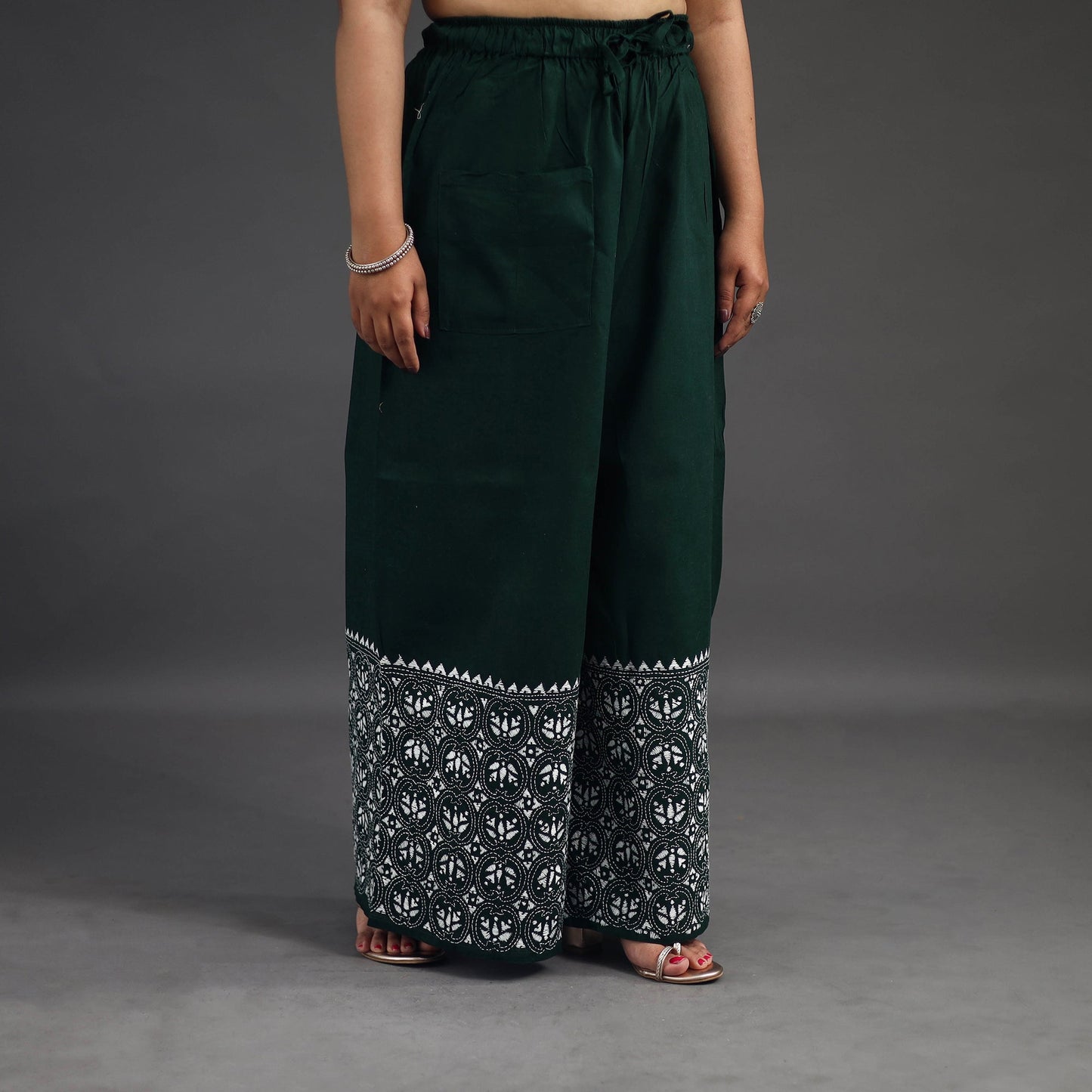 Dark green - kantha hand embroidery palazzo in cotton 50