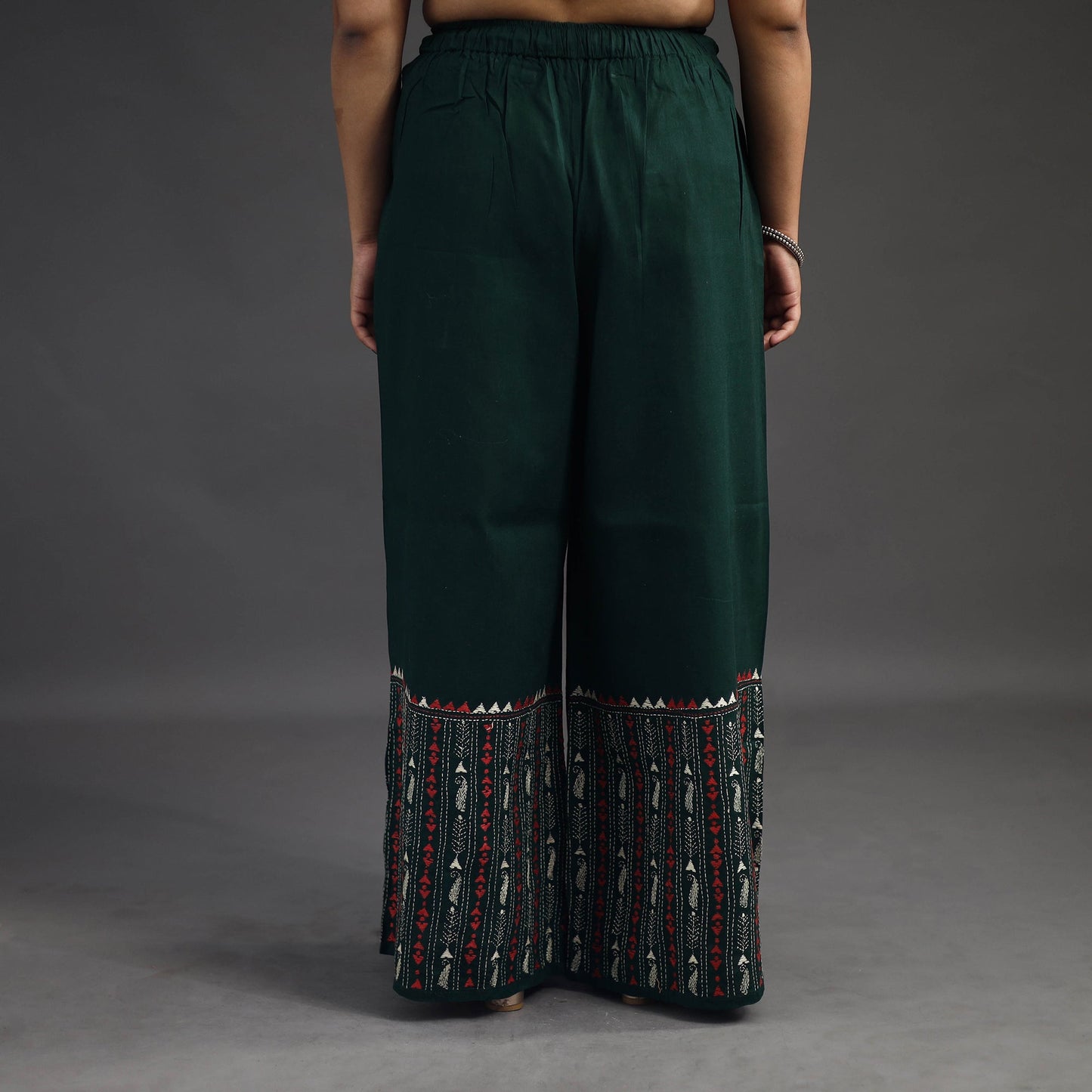 Buy Dark Green Kantha Hand Embroidery Palazzo in Cotton