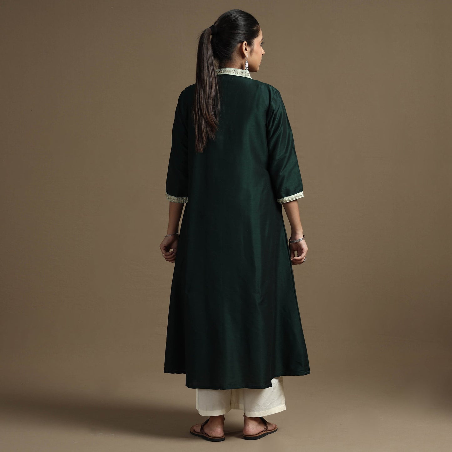 Plain Solid Slub Silk Kurta with Beadwork Hand Embroidery Lace