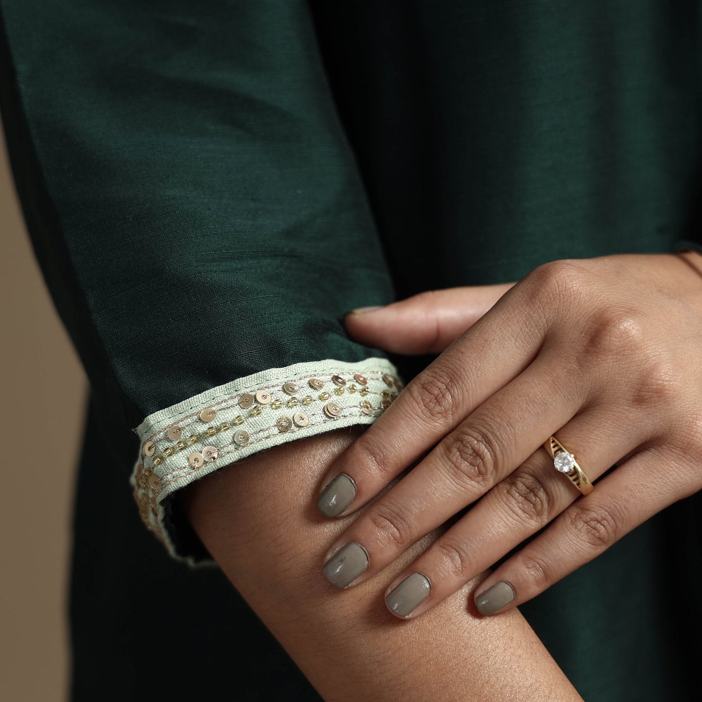 Plain Solid Slub Silk Kurta with Beadwork Hand Embroidery Lace