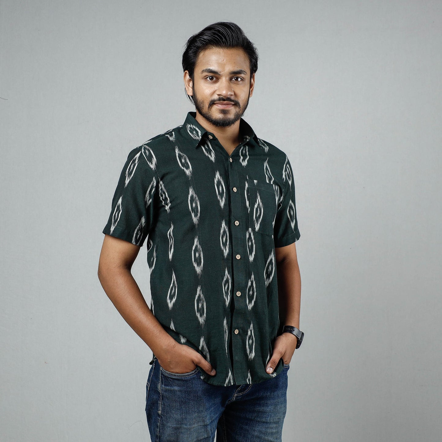 Dark green - pochampally ikat weave cotton men half sleeve