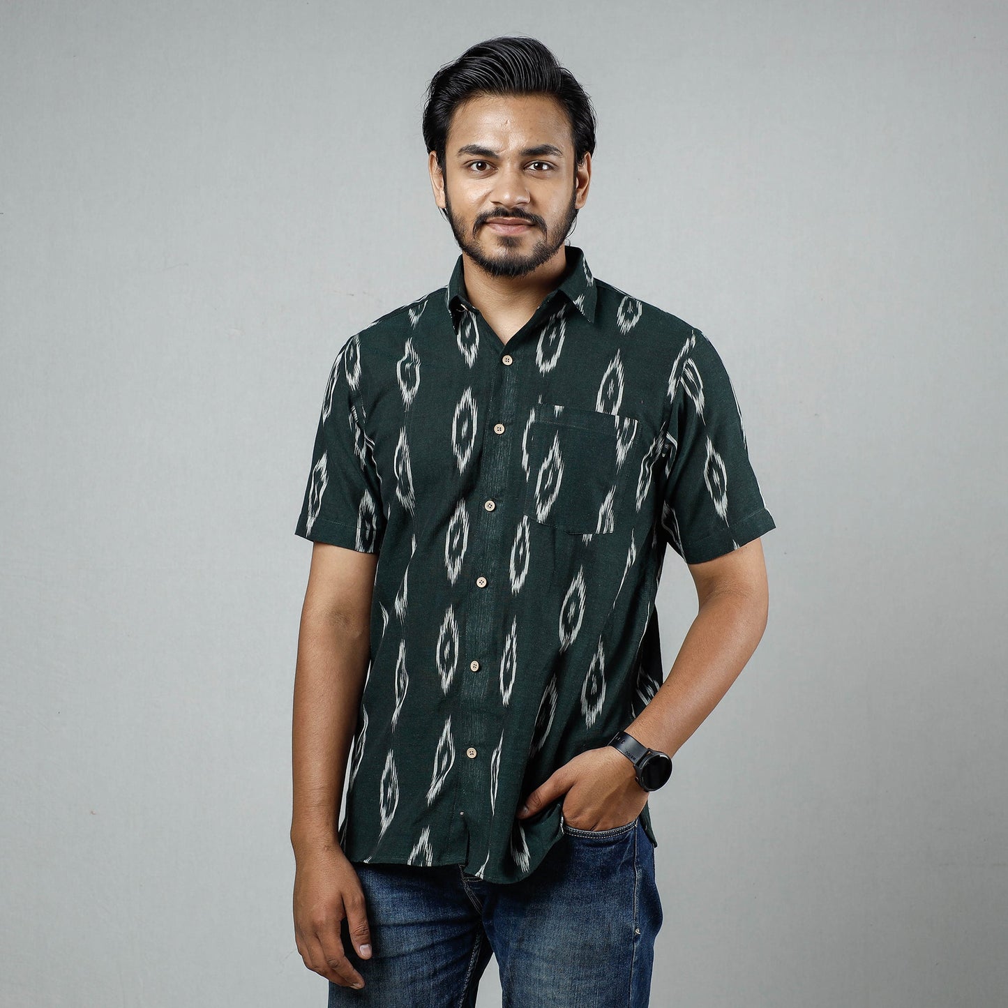 Dark green - pochampally ikat weave cotton men half sleeve