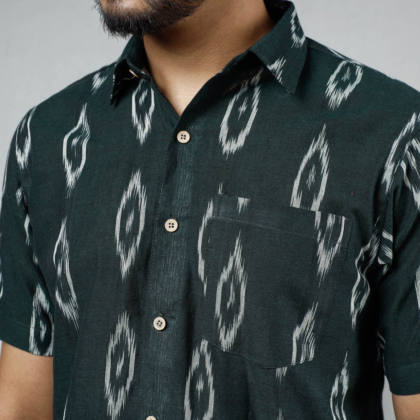 Dark green - pochampally ikat weave cotton men half sleeve