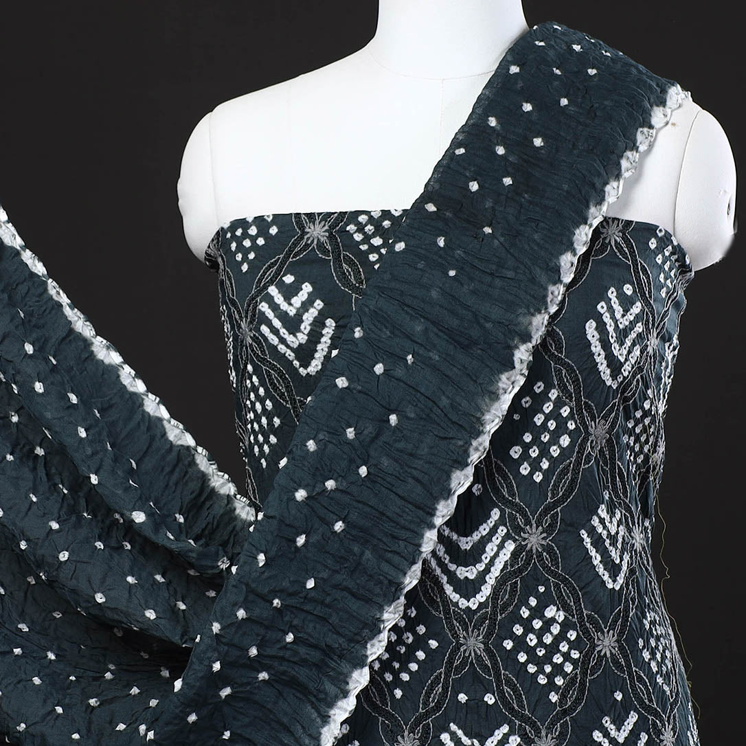3pc Dark Grey Kutch Bandhani Tie-Dye Mirror Work Satin Cotton Dress Material