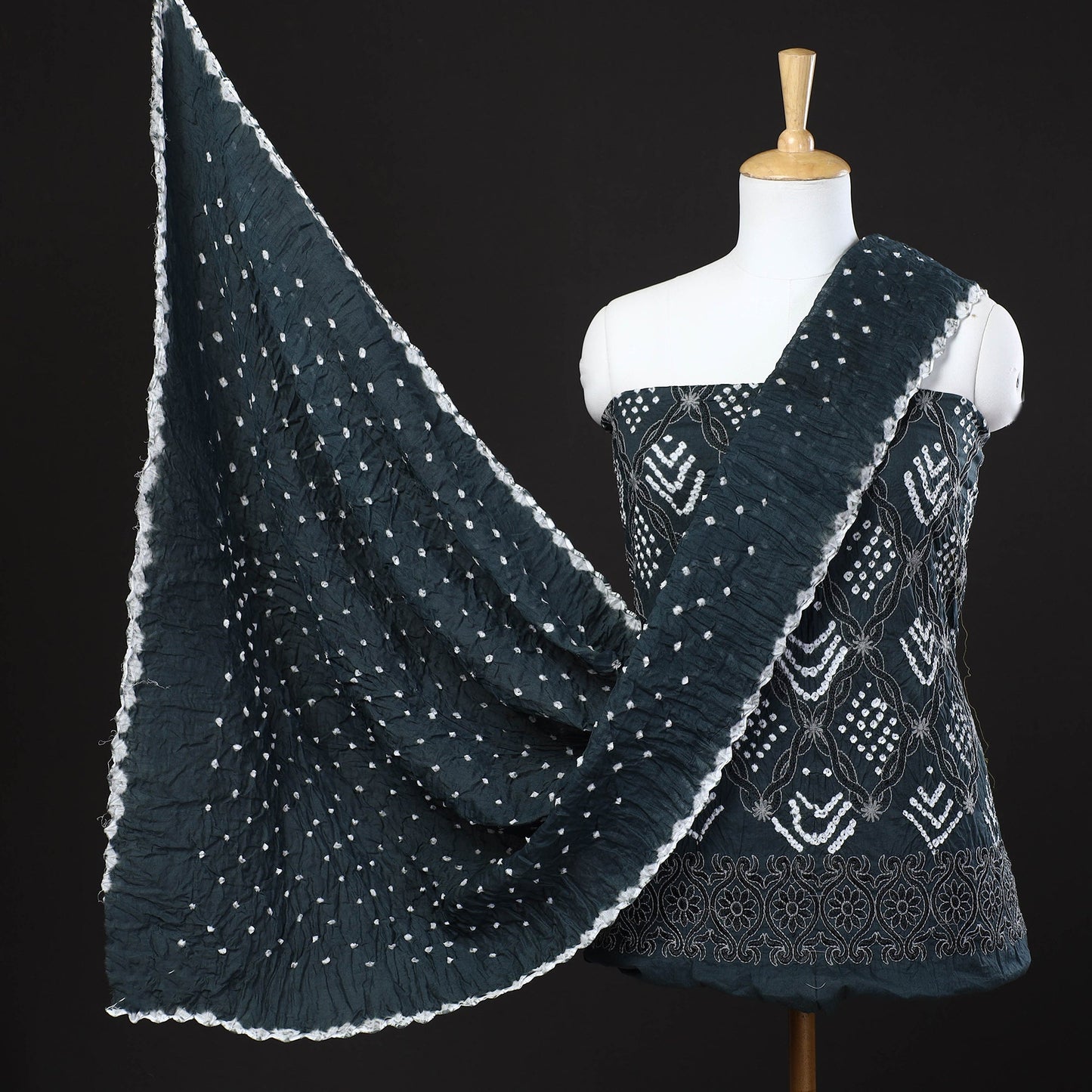 3pc Dark Grey Kutch Bandhani Tie-Dye Mirror Work Satin Cotton Dress Material