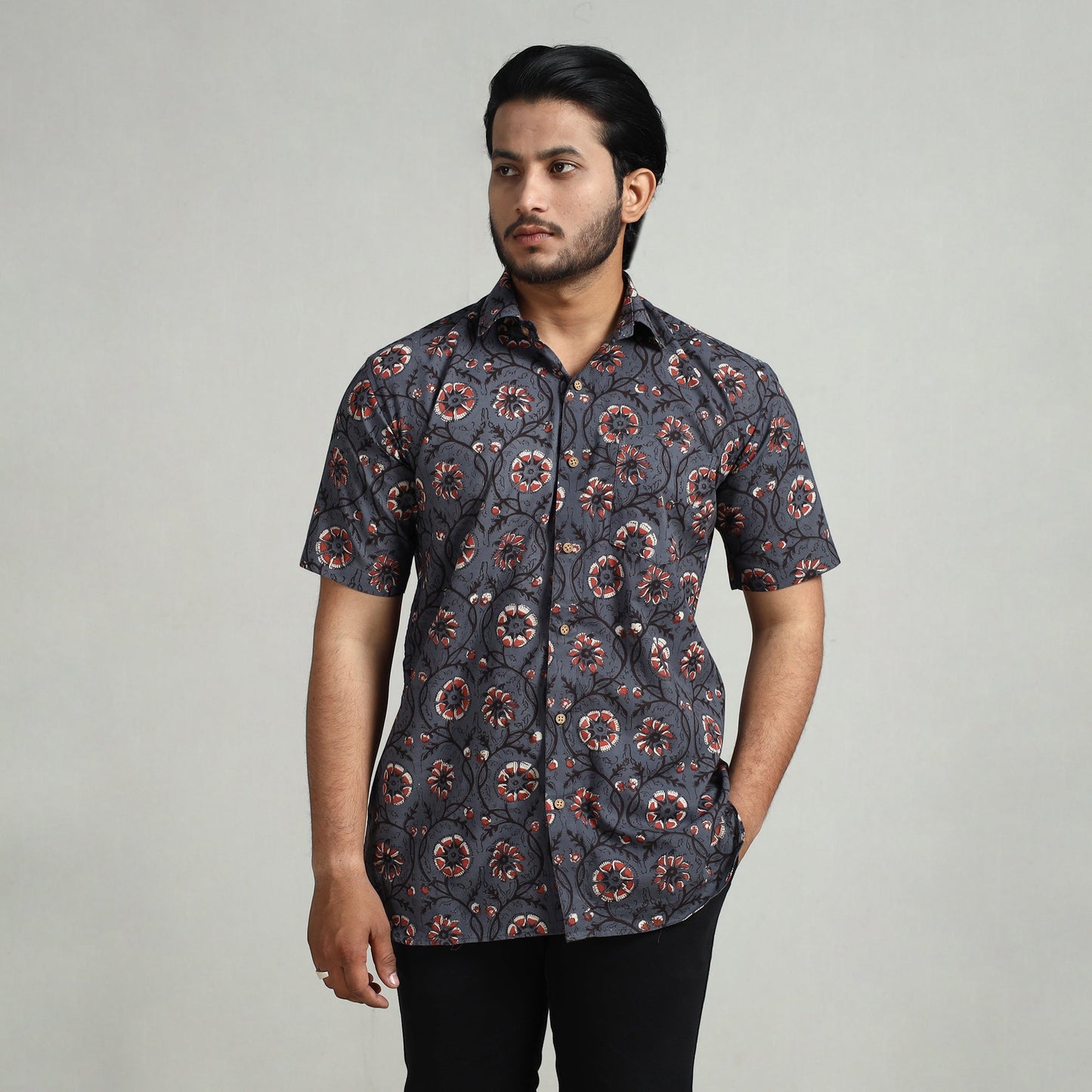 Bagru Block Printed Cotton Men Half Sleeve Shirt