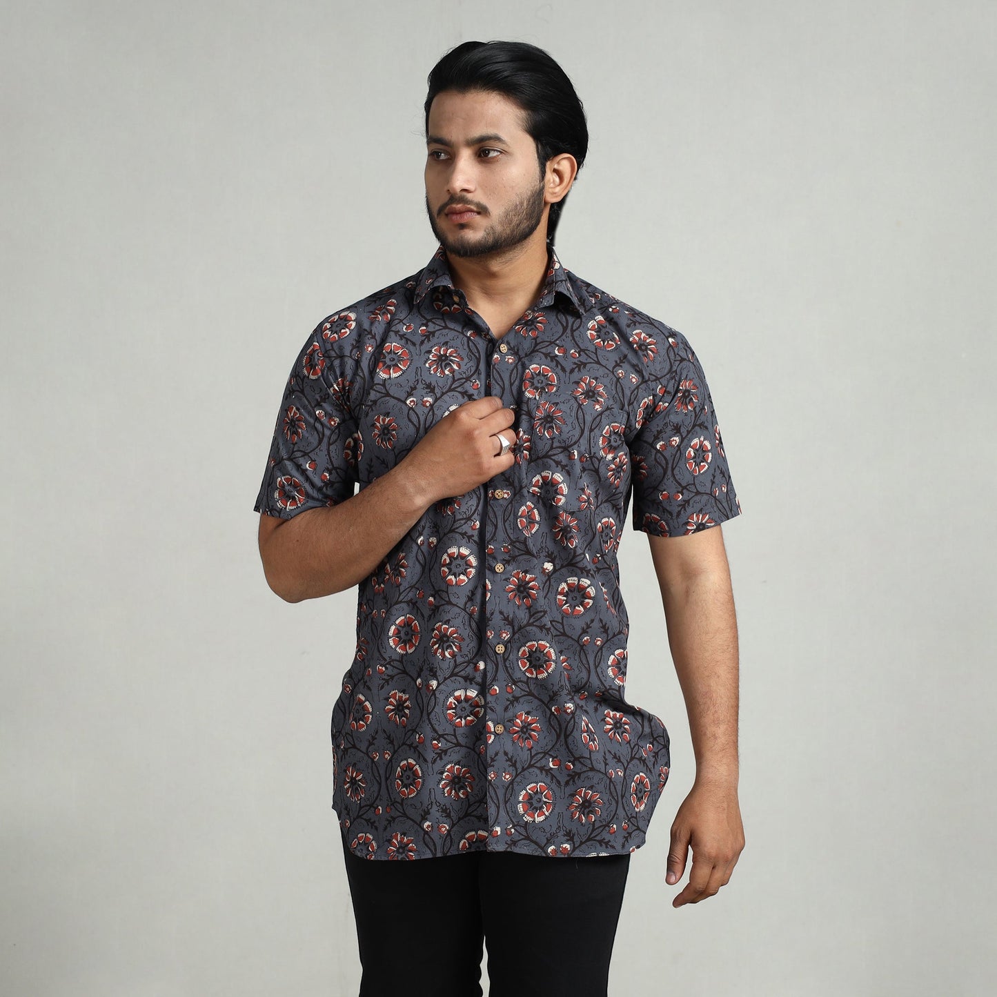 Bagru Block Printed Cotton Men Half Sleeve Shirt