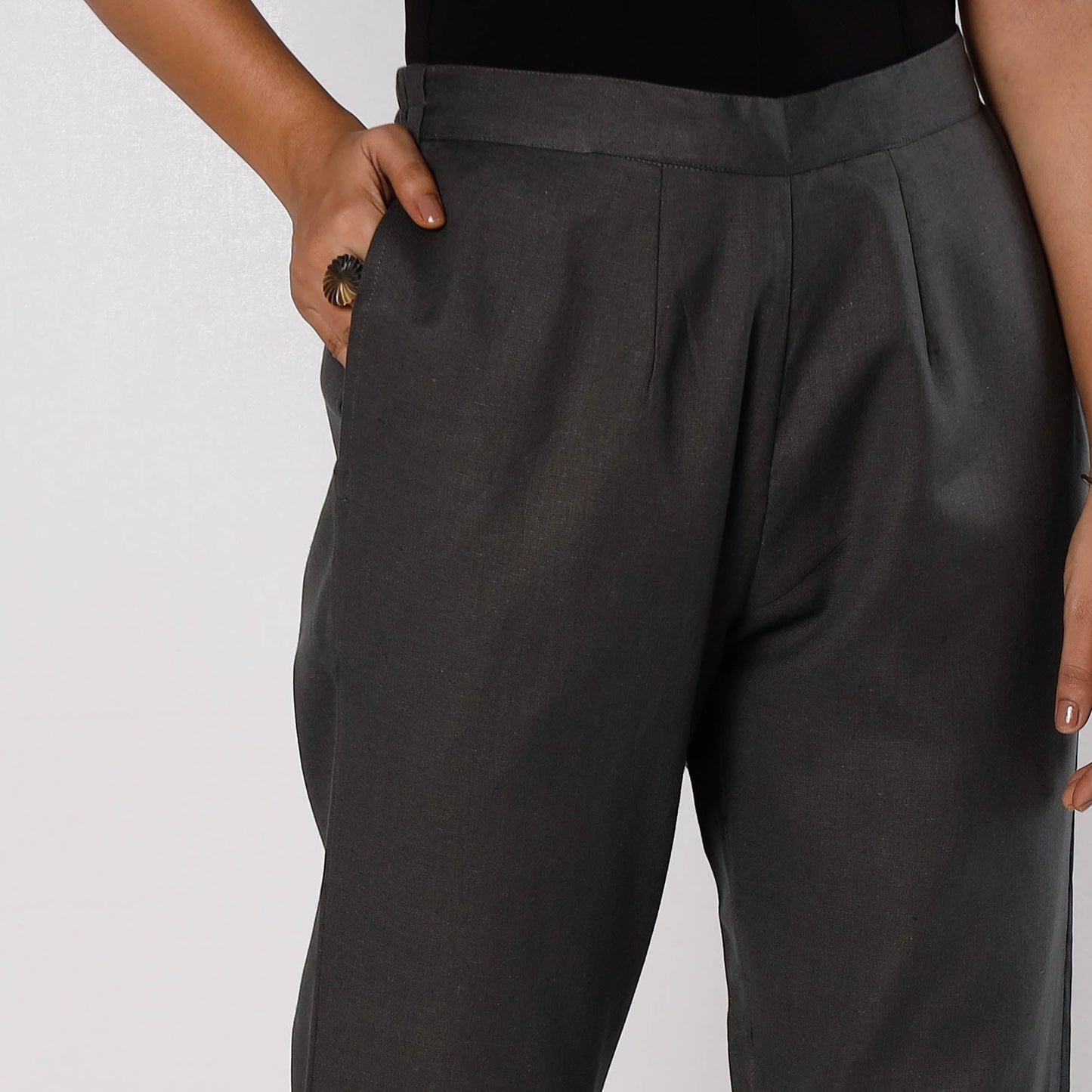 Dark Grey Flex Cotton Tapered Casual Pant for Women