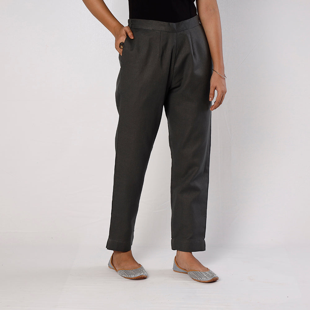 Dark Grey Flex Cotton Tapered Casual Pant for Women