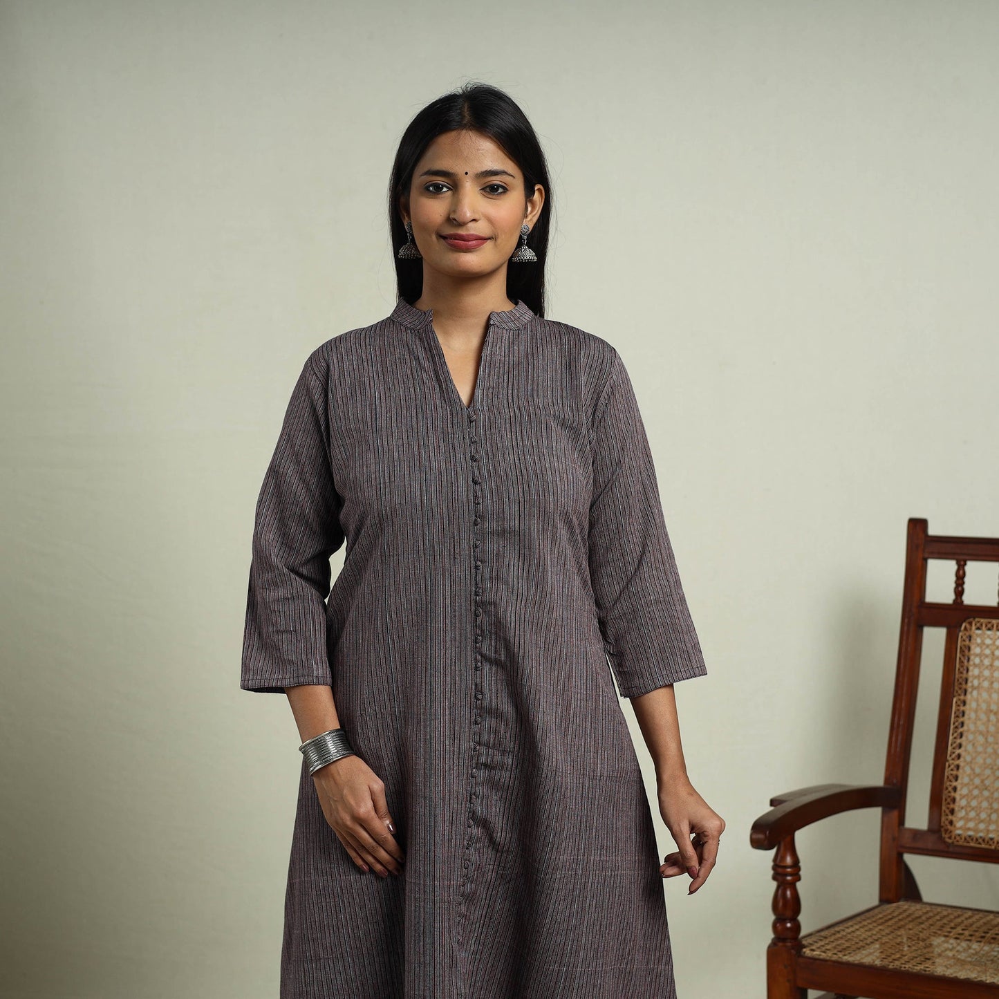 Dark Grey Jhiri Handloom A-Line Cotton Kurta for Women