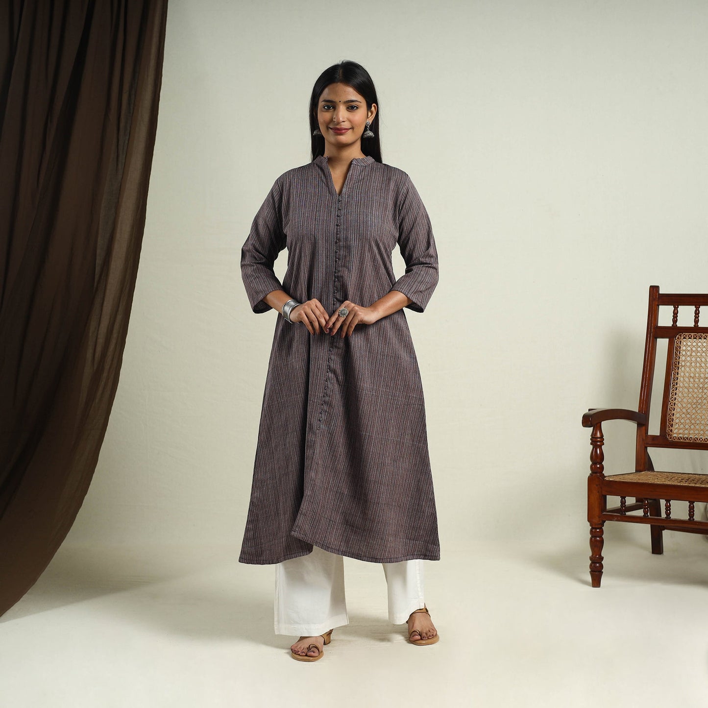 Dark Grey Jhiri Handloom A-Line Cotton Kurta for Women