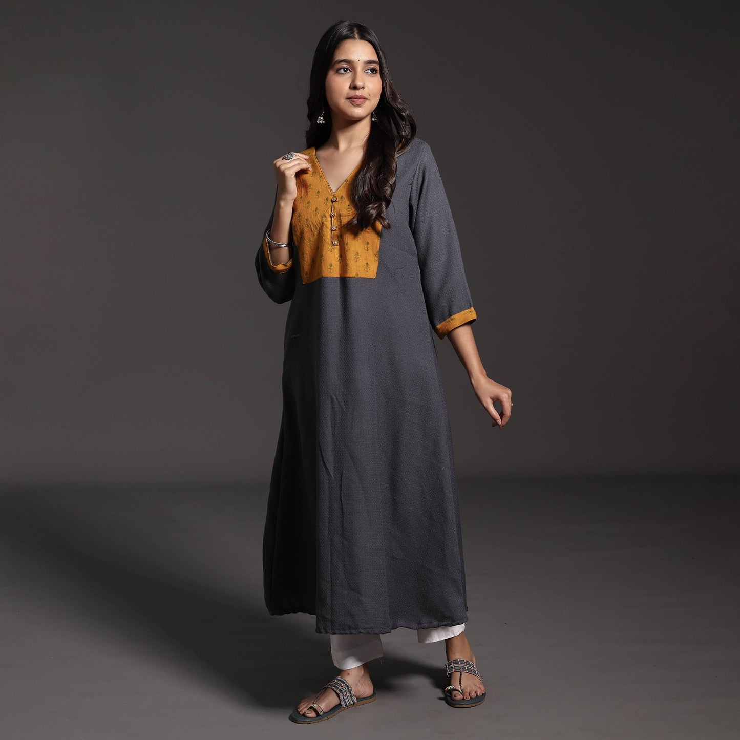 Dark Grey Kumaun Handwoven A-Line Merino Woolen Kurta for Women