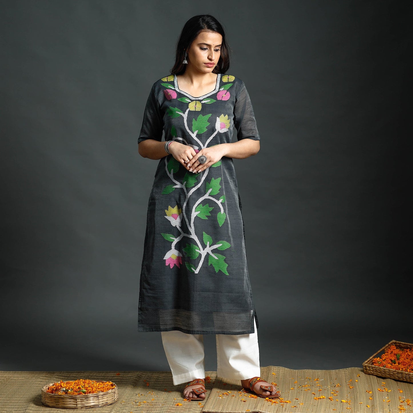 Jamdani Kurta with Palazzo & Dupatta Set