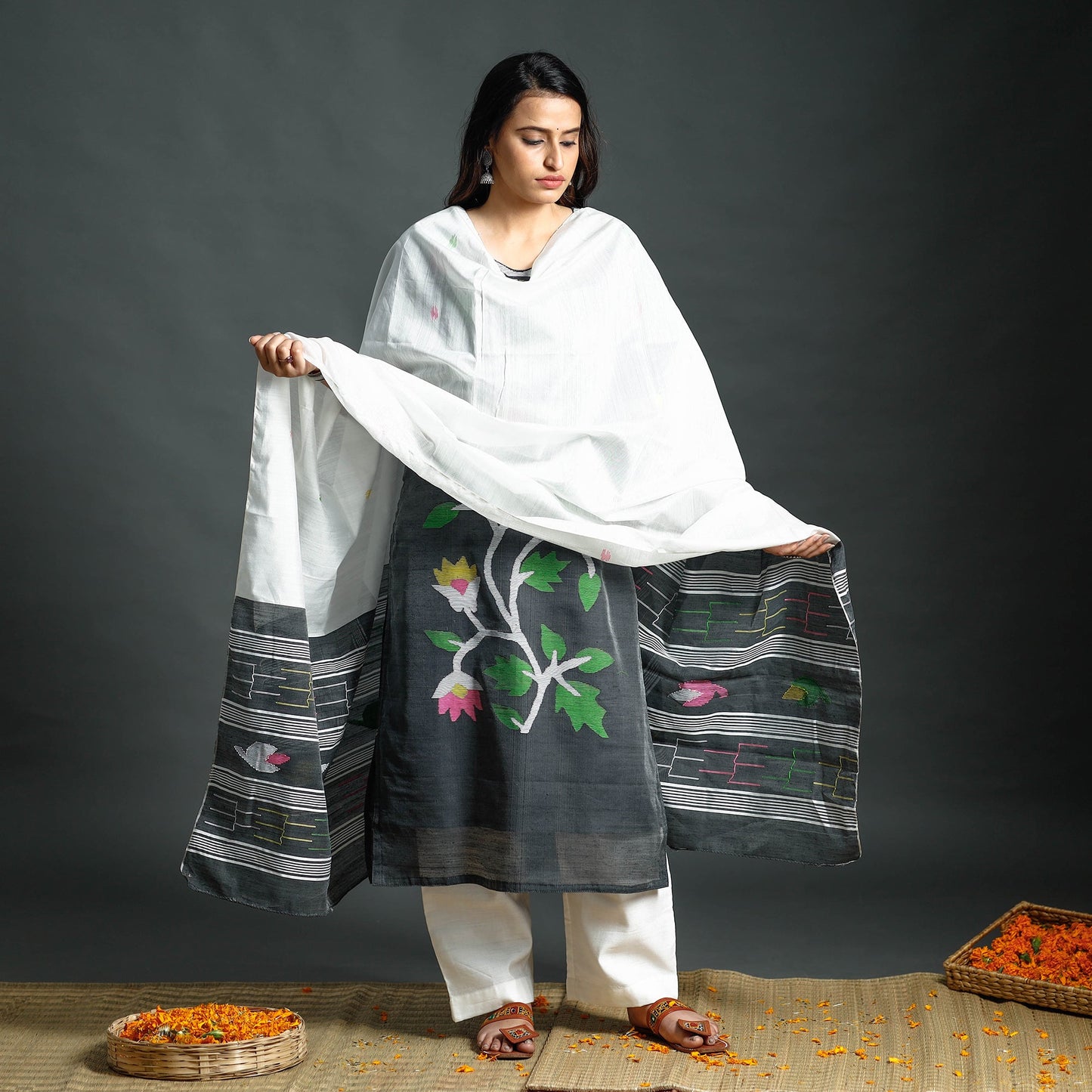 Jamdani Kurta with Palazzo & Dupatta Set