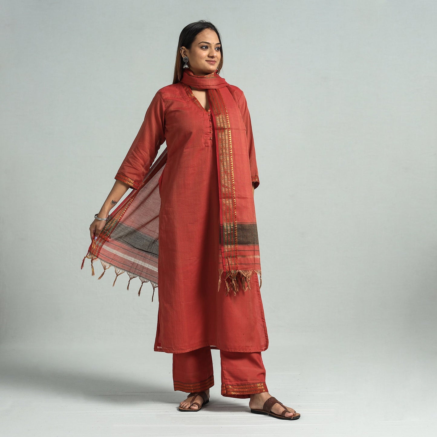 Dark peach - dharwad cotton kurta with palazzo & dupatta