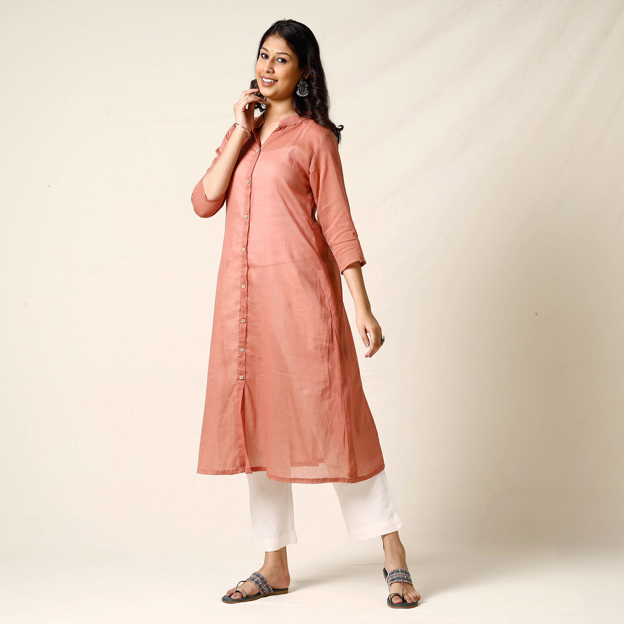 Dark Peach - Mulmalai Cotton Plain Dyed A-Line Long Kurta for women 23