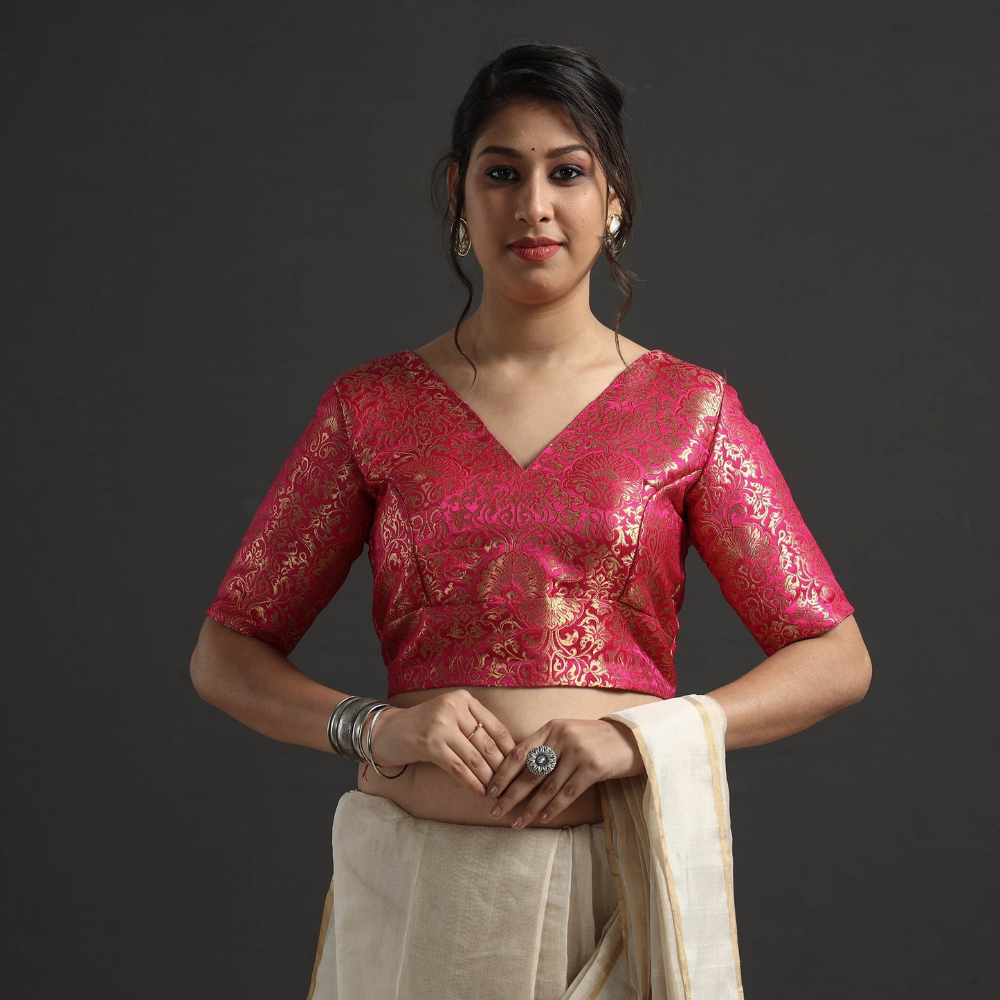 Dark pink - banarasi silk zari weave stitched blouse