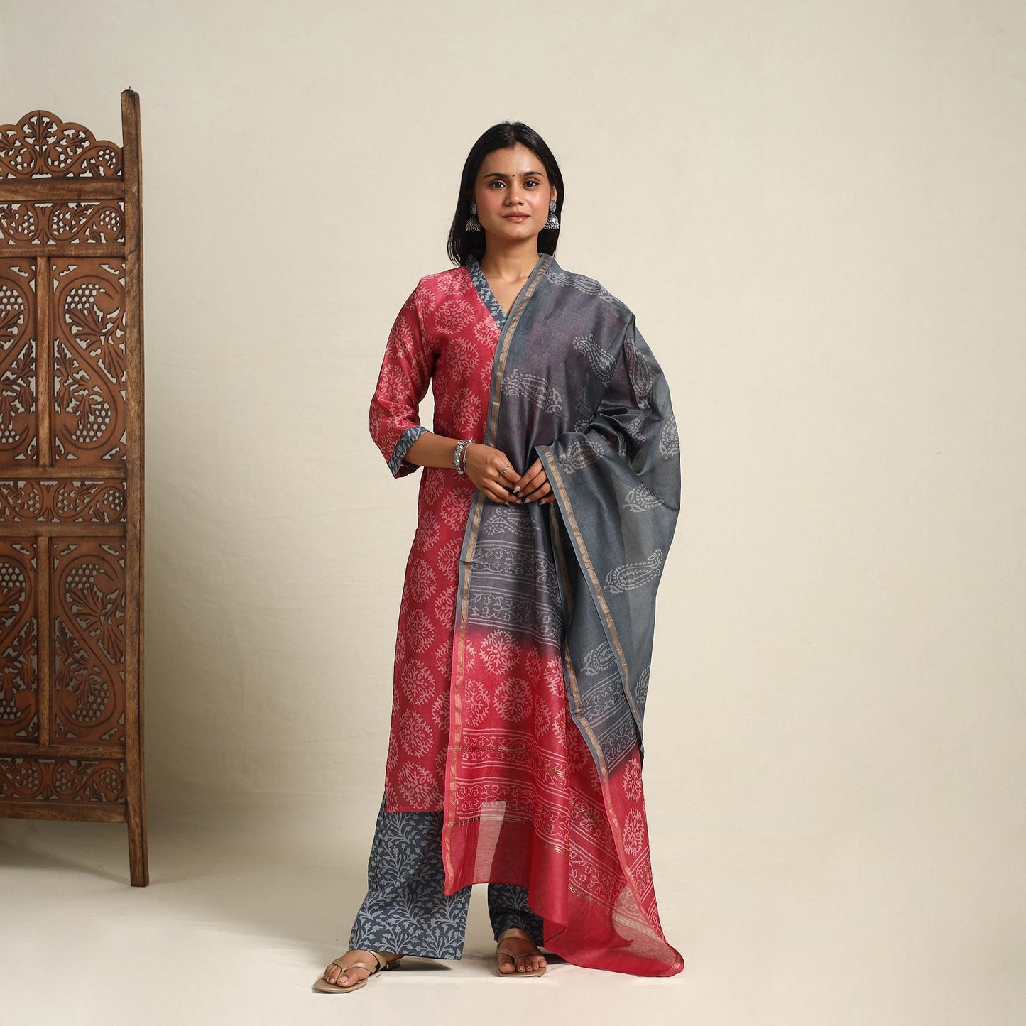 Dark Pink Chanderi Silk Bagru Print Kurta Set