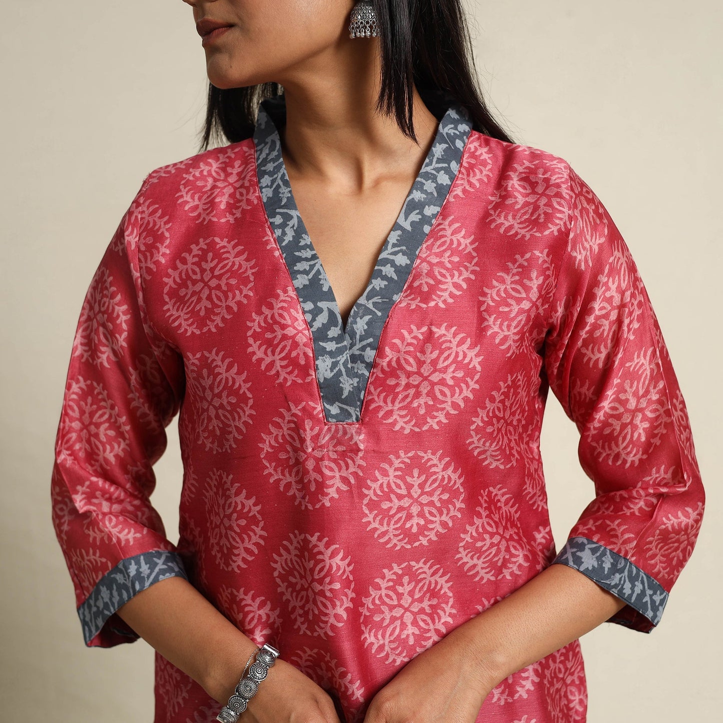 Dark Pink Chanderi Silk Bagru Print Kurta Set