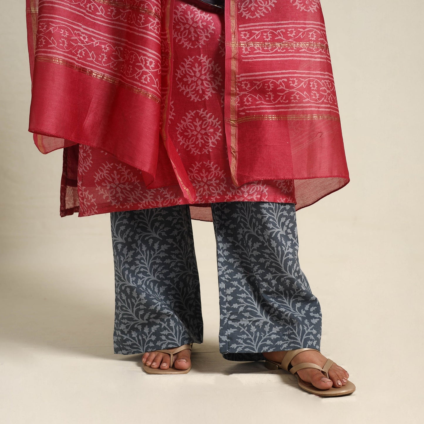 Dark Pink Chanderi Silk Bagru Print Kurta Set