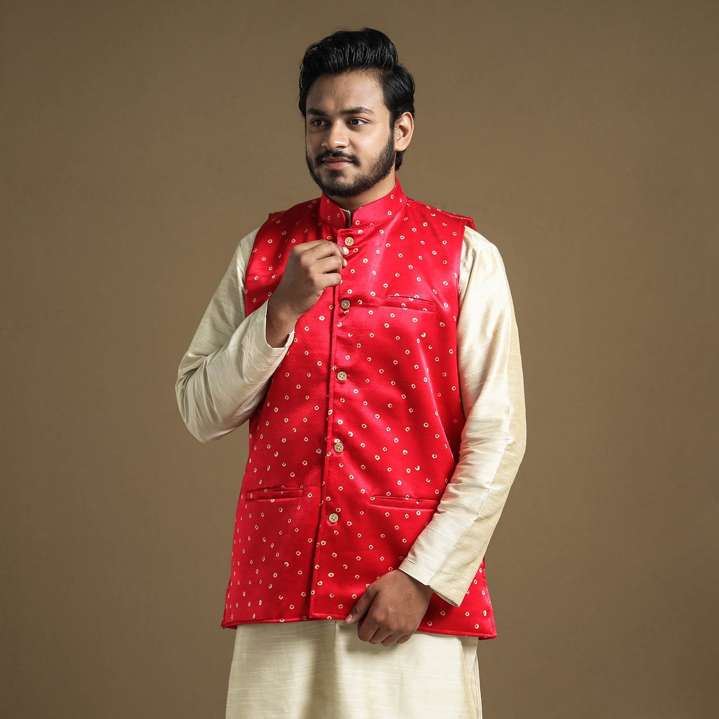 Dark pink - hand printed mashru silk nehru jacket