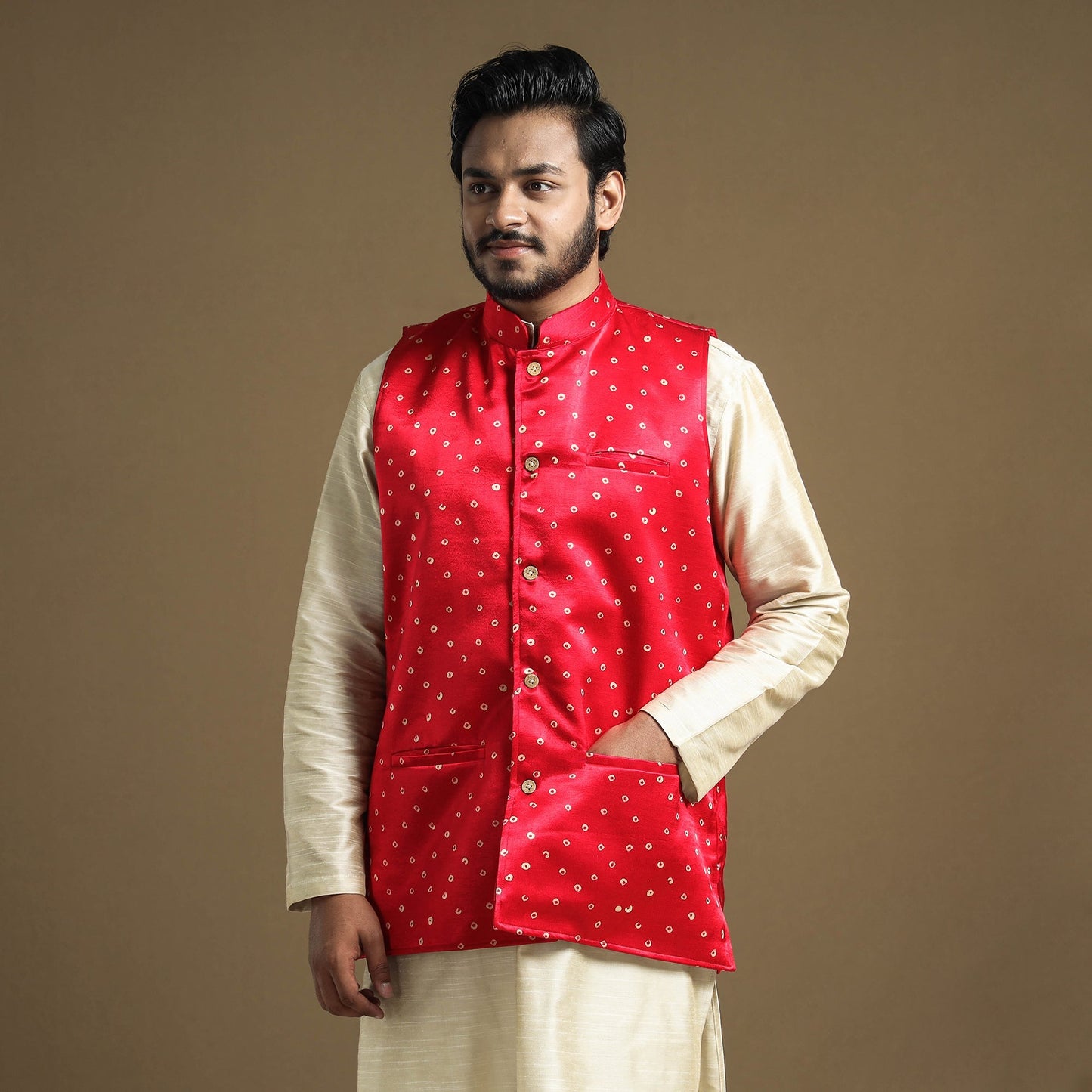 Dark pink - hand printed mashru silk nehru jacket