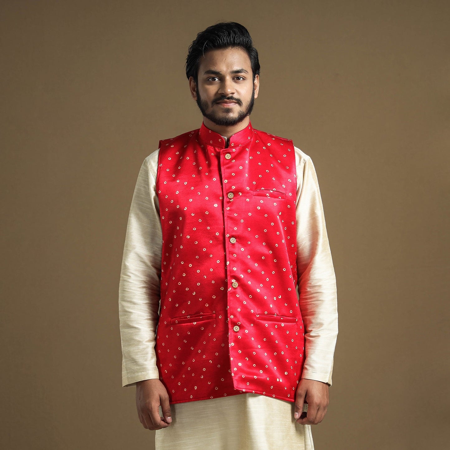 Dark pink - hand printed mashru silk nehru jacket
