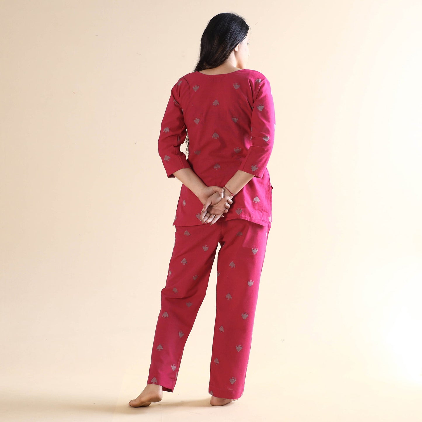 Dark pink jacquard cotton top & pyjama night suit set