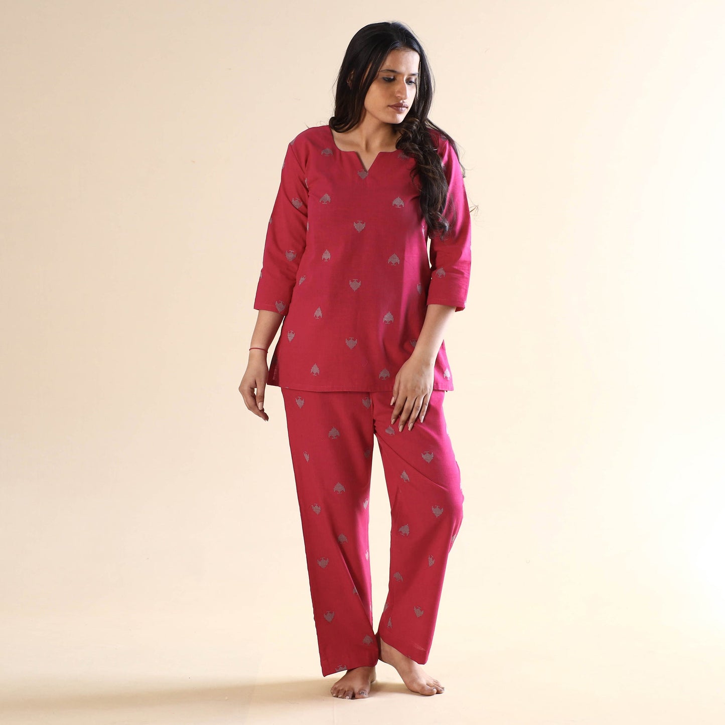 Dark pink jacquard cotton top & pyjama night suit set