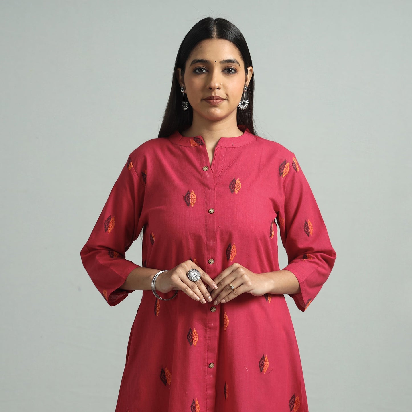 Dark Pink - Jacquard Weave Cotton A-Line Kurta
