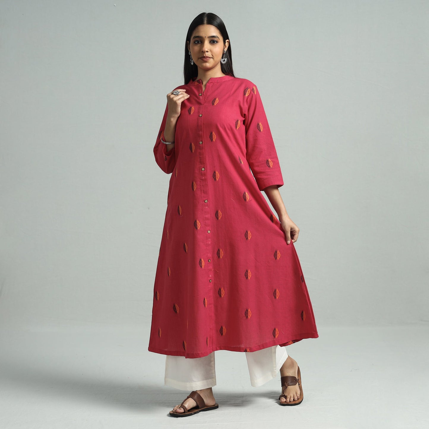 Dark Pink - Jacquard Weave Cotton A-Line Kurta