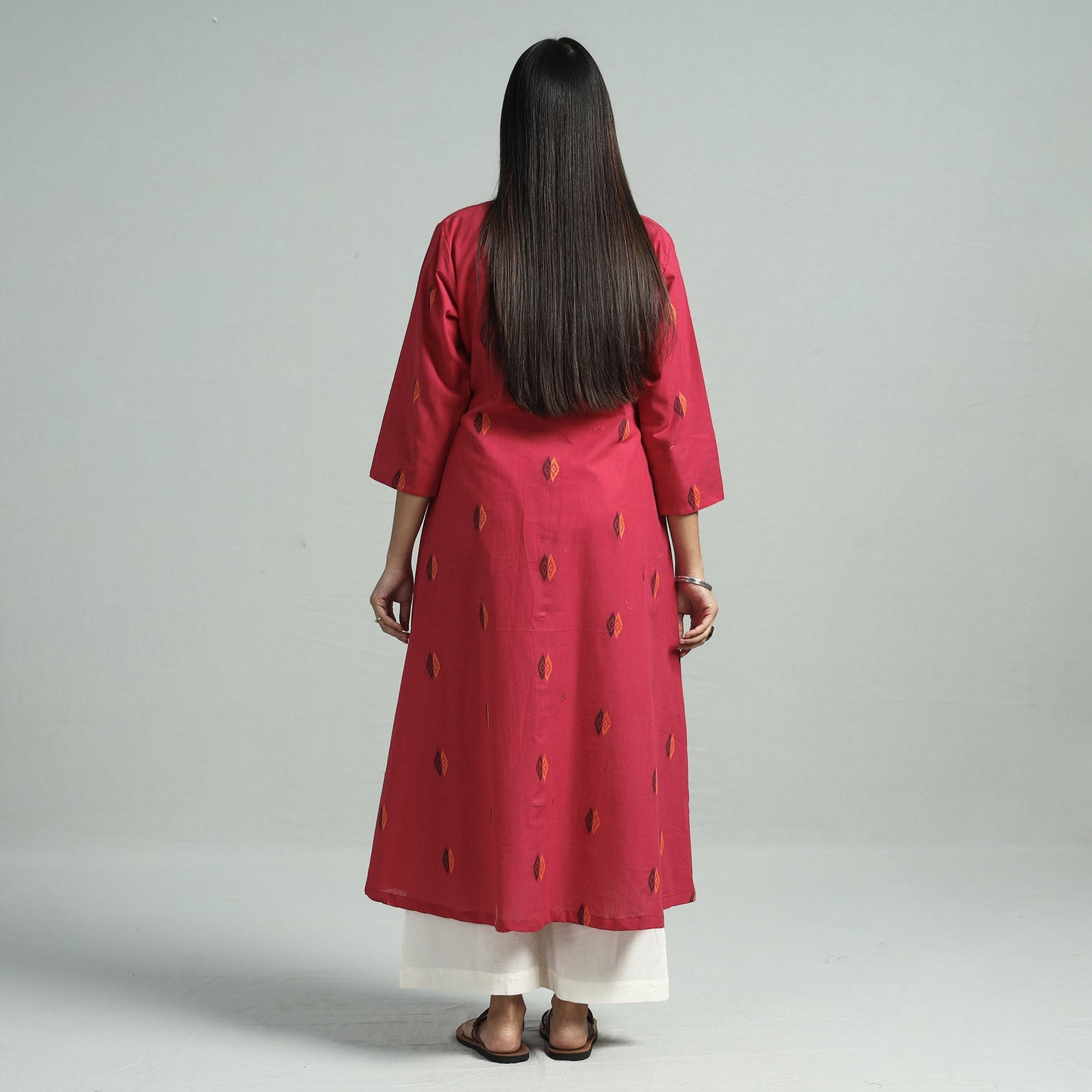 Dark Pink - Jacquard Weave Cotton A-Line Kurta