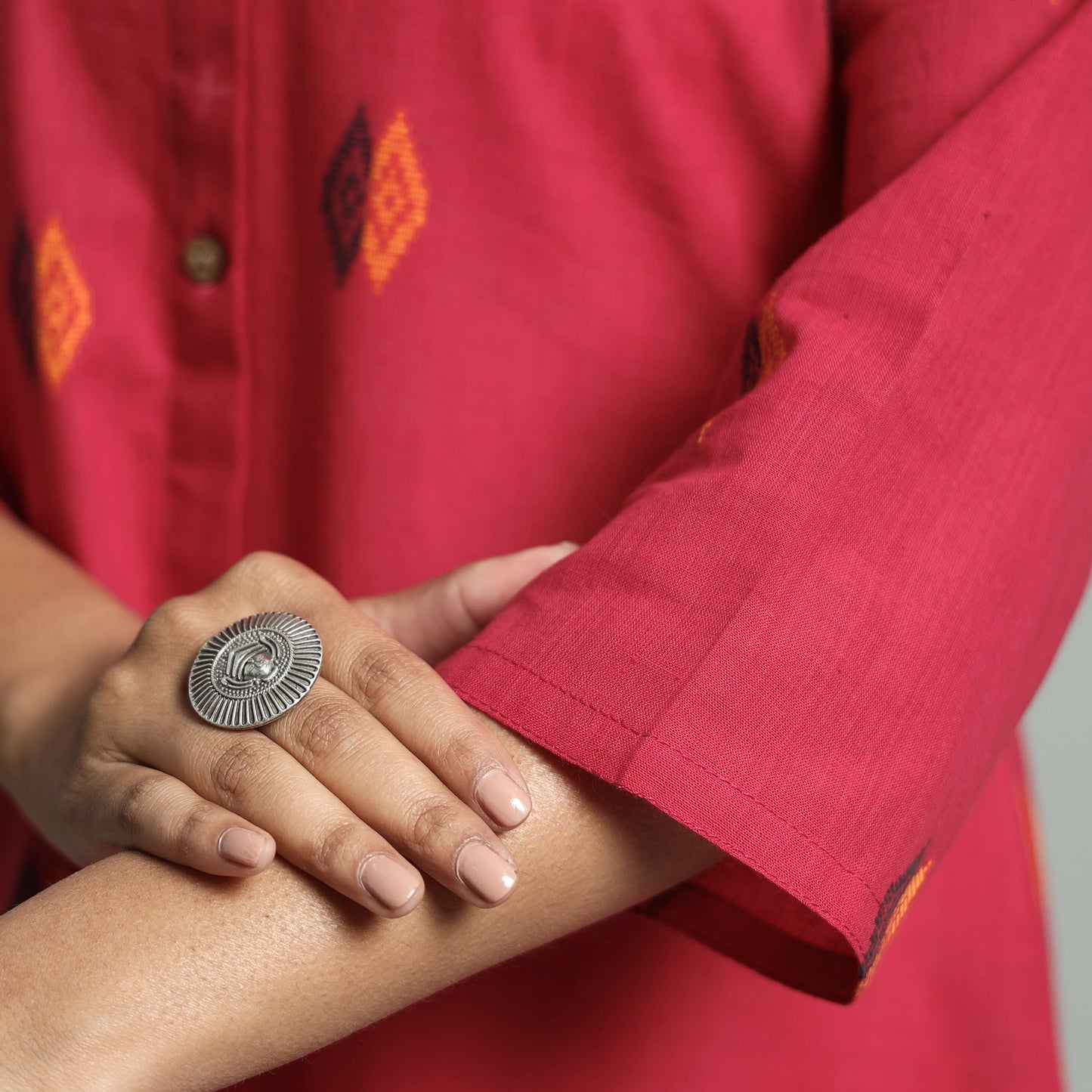 Dark Pink - Jacquard Weave Cotton A-Line Kurta