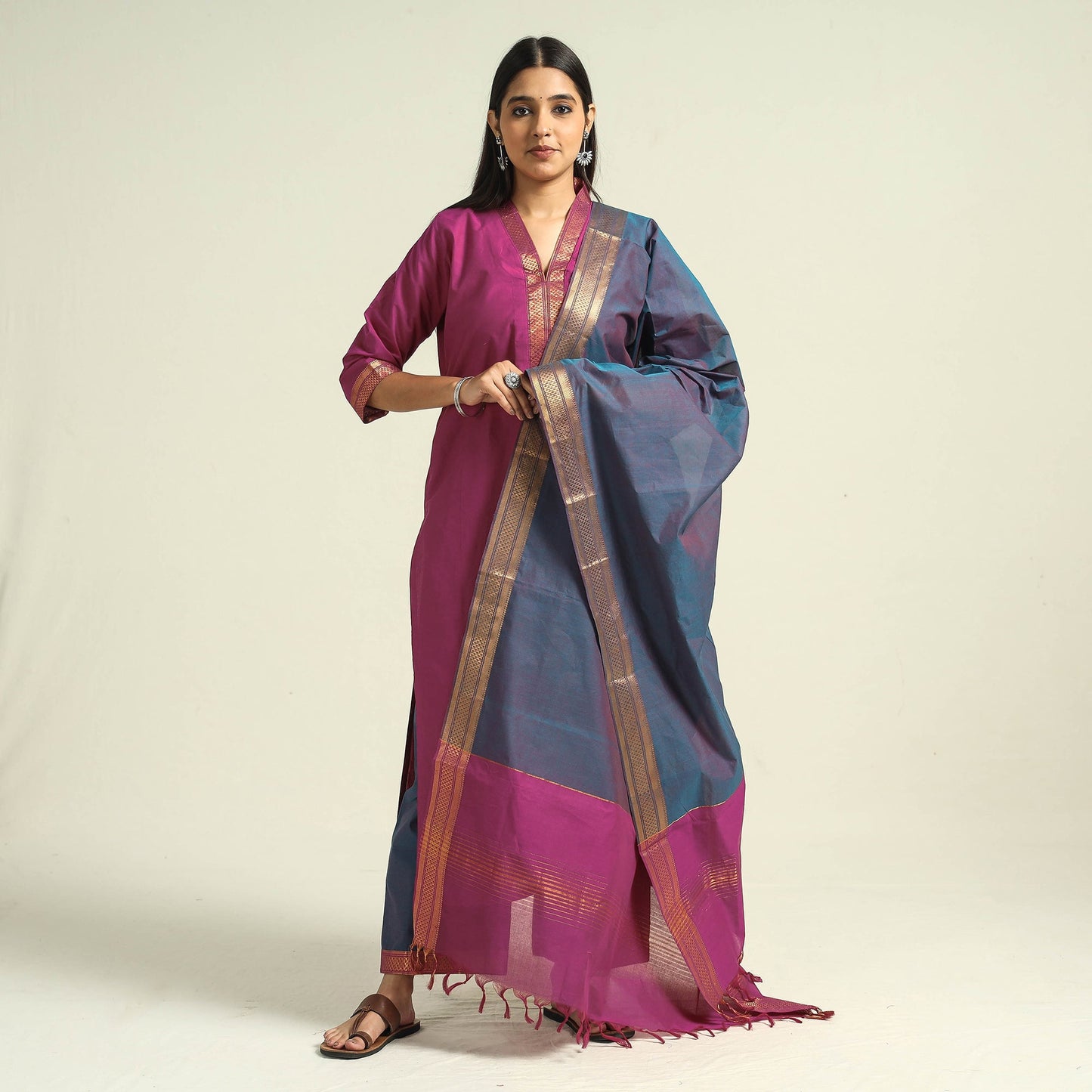 Dark pink - mangalagiri handloom cotton kurta with palazzo
