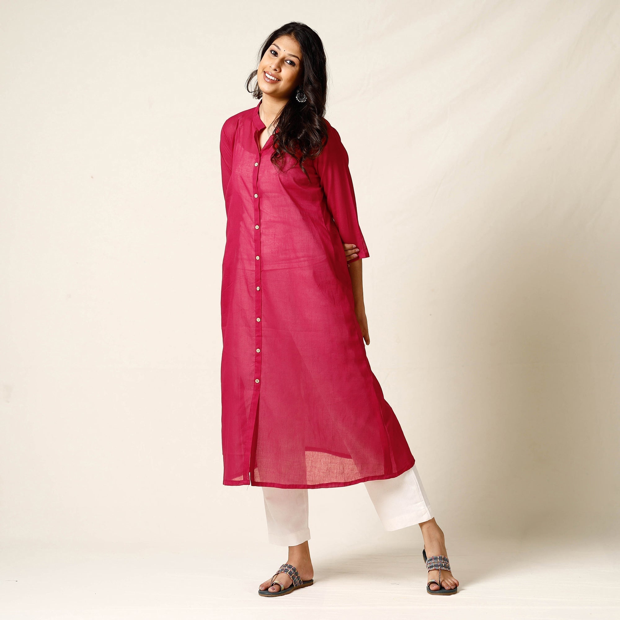 Dark Pink Mulmalai Cotton Plain Dyed A-Line Long Kurta for women 33