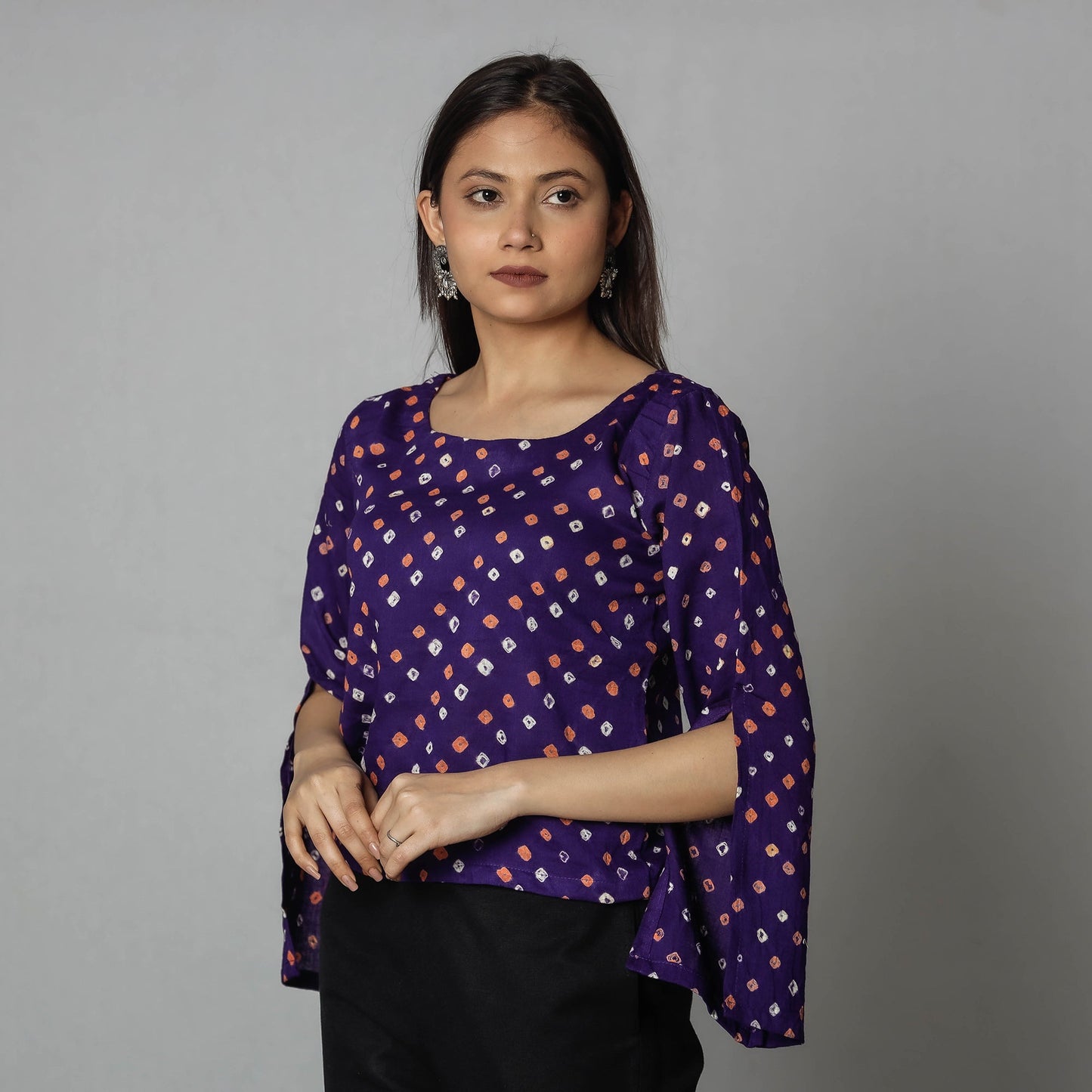 Dark purple bandhani tie-dye full sleeve cotton crop top