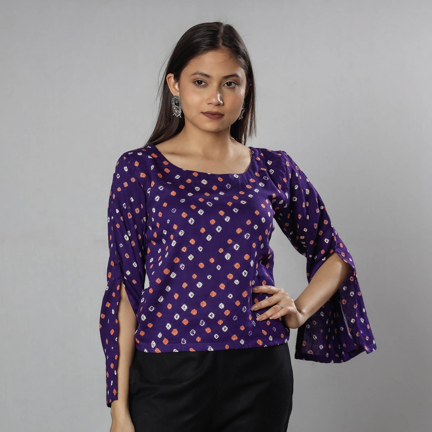 Dark purple bandhani tie-dye full sleeve cotton crop top
