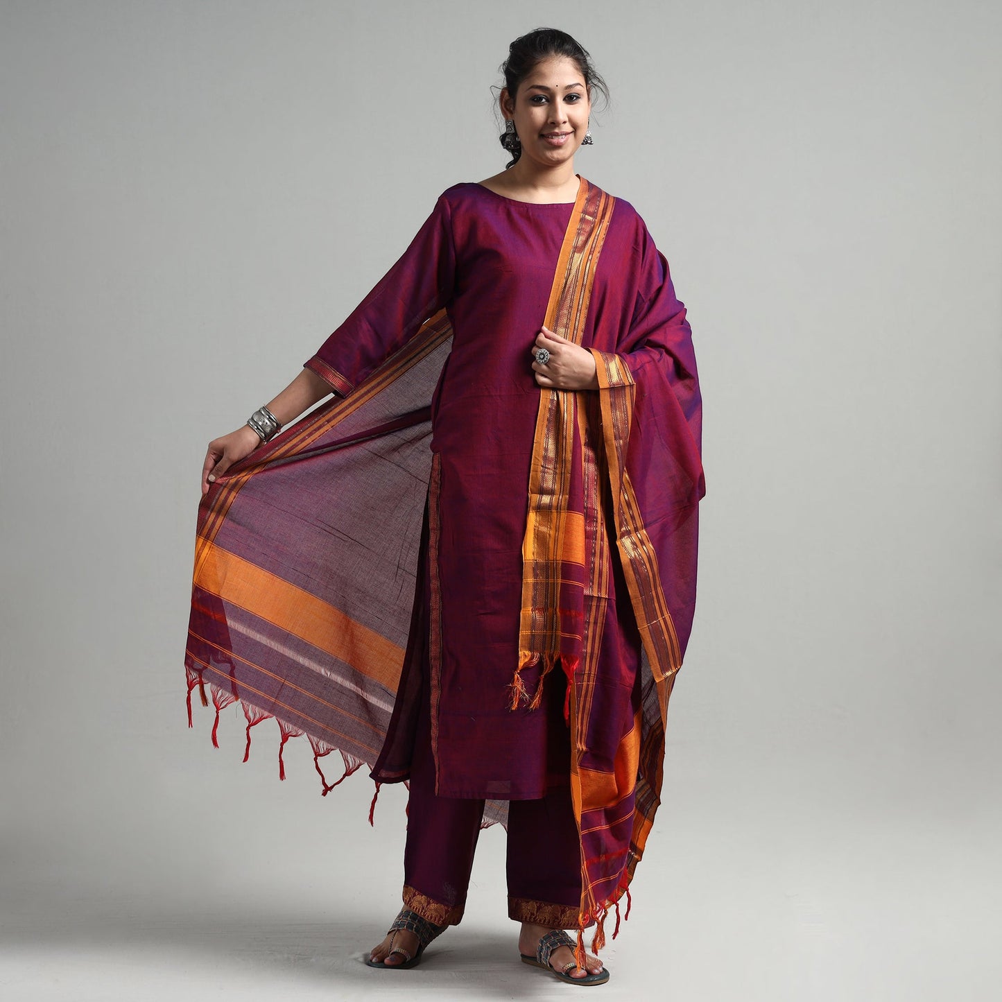 Dark purple - dharwad cotton kurta with palazzo & dupatta