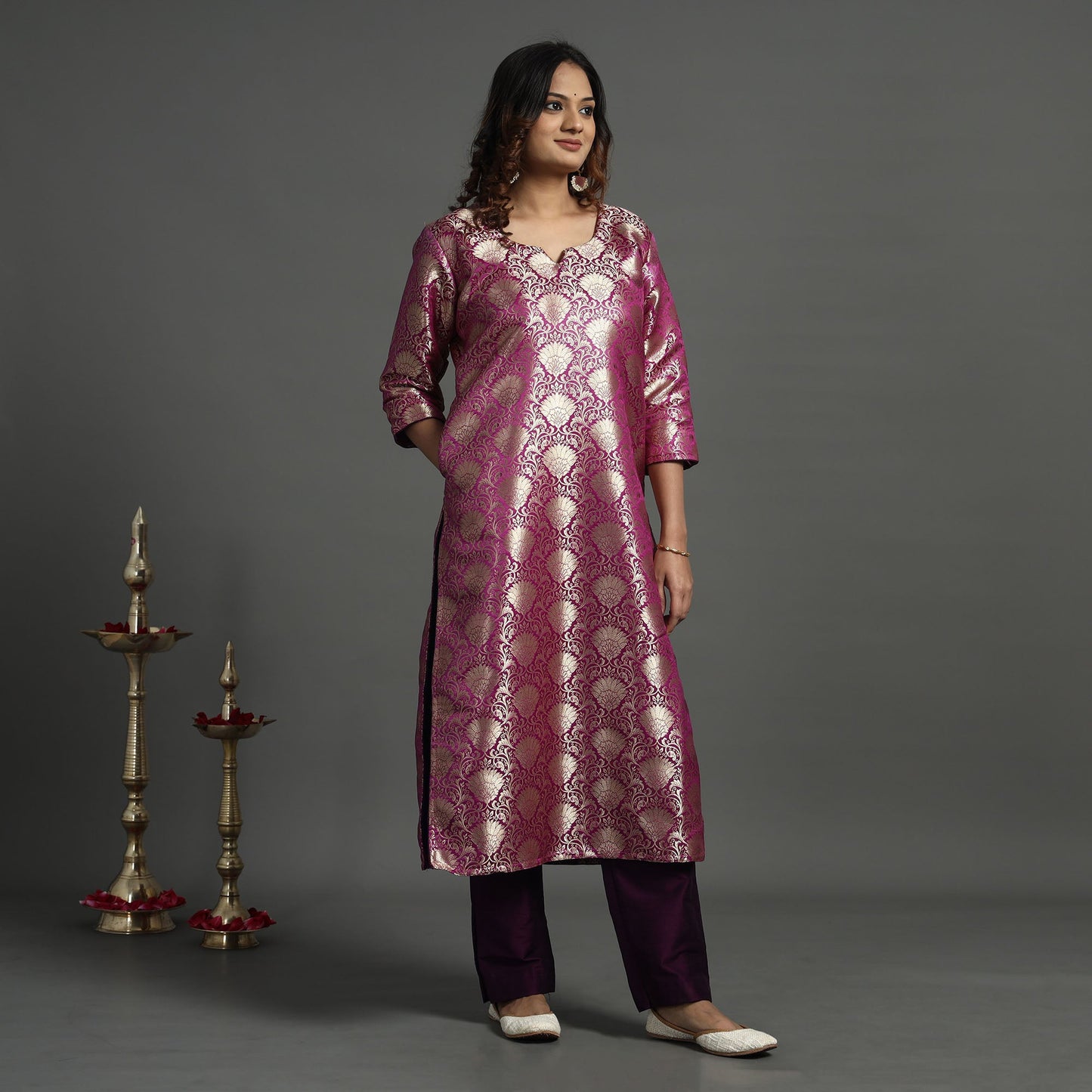 Dark purple - elegant banarasi brocade silk kurta with pant