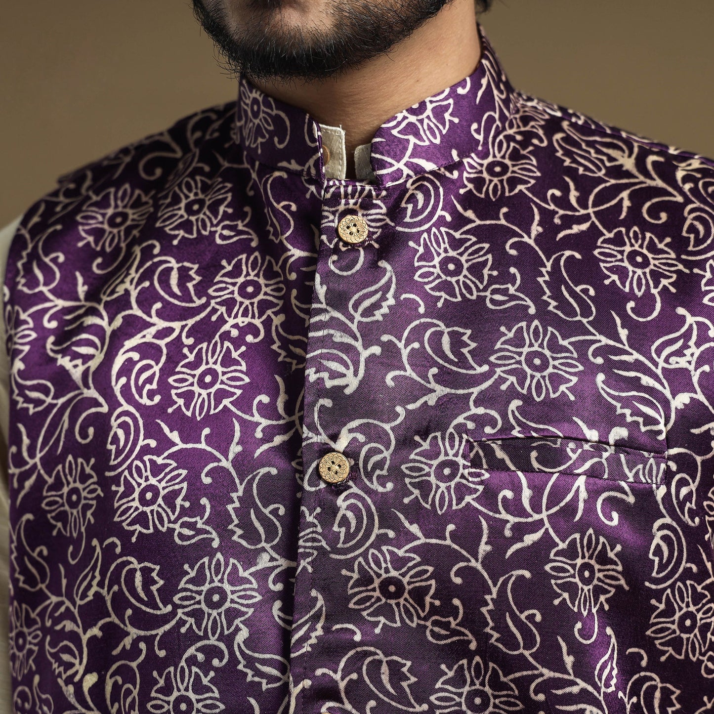 Dark purple - hand printed mashru silk nehru jacket
