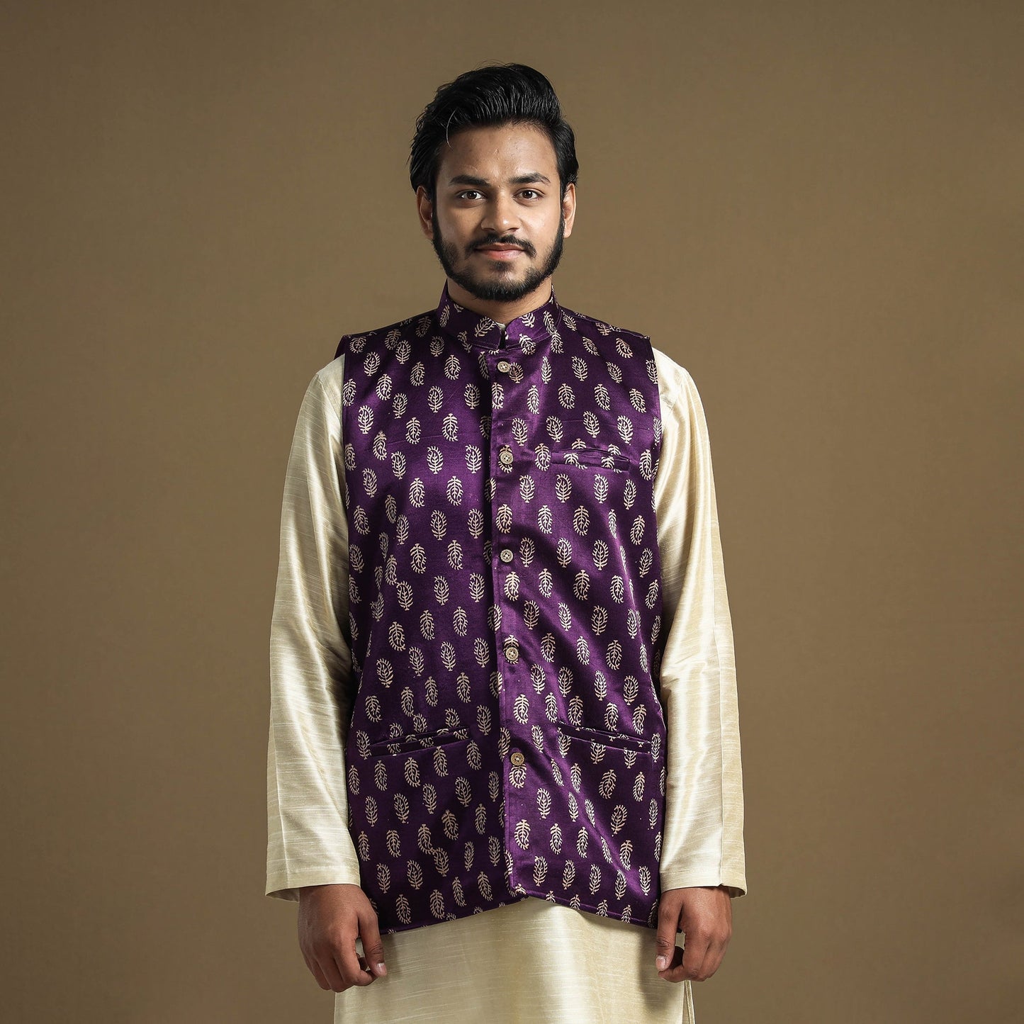 Dark purple - hand printed mashru silk nehru jacket