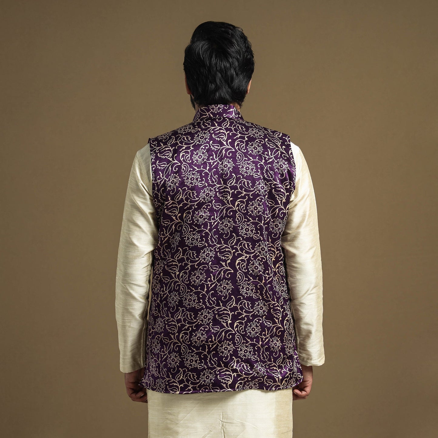 Dark purple - hand printed mashru silk nehru jacket