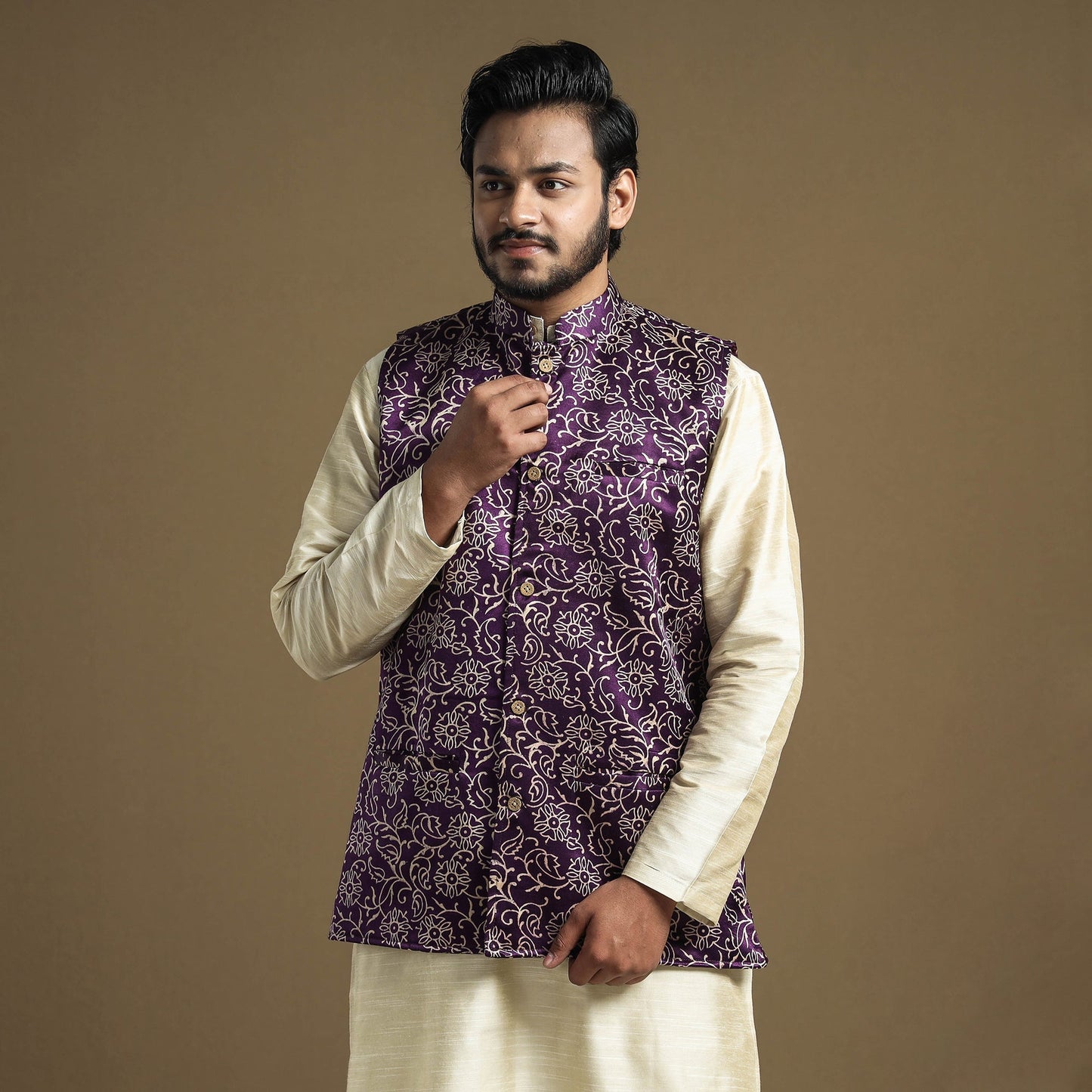 Dark purple - hand printed mashru silk nehru jacket