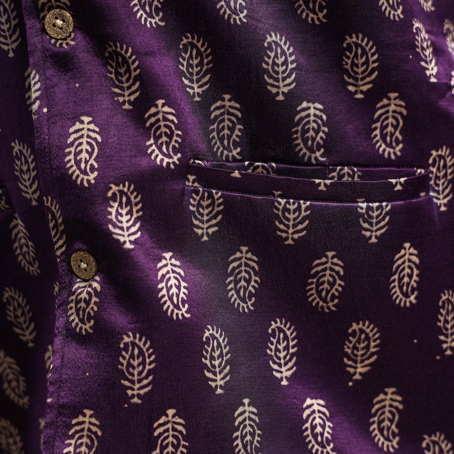 Dark purple - hand printed mashru silk nehru jacket