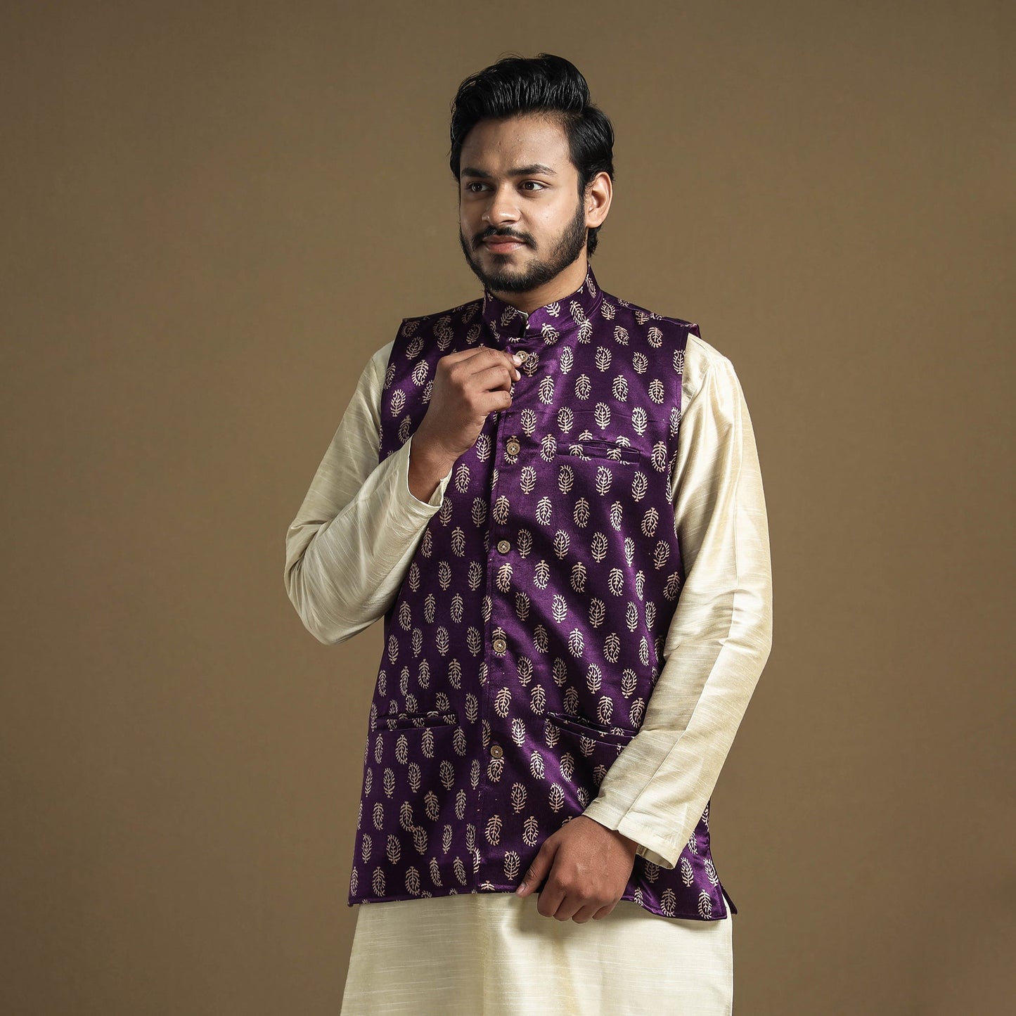Dark purple - hand printed mashru silk nehru jacket