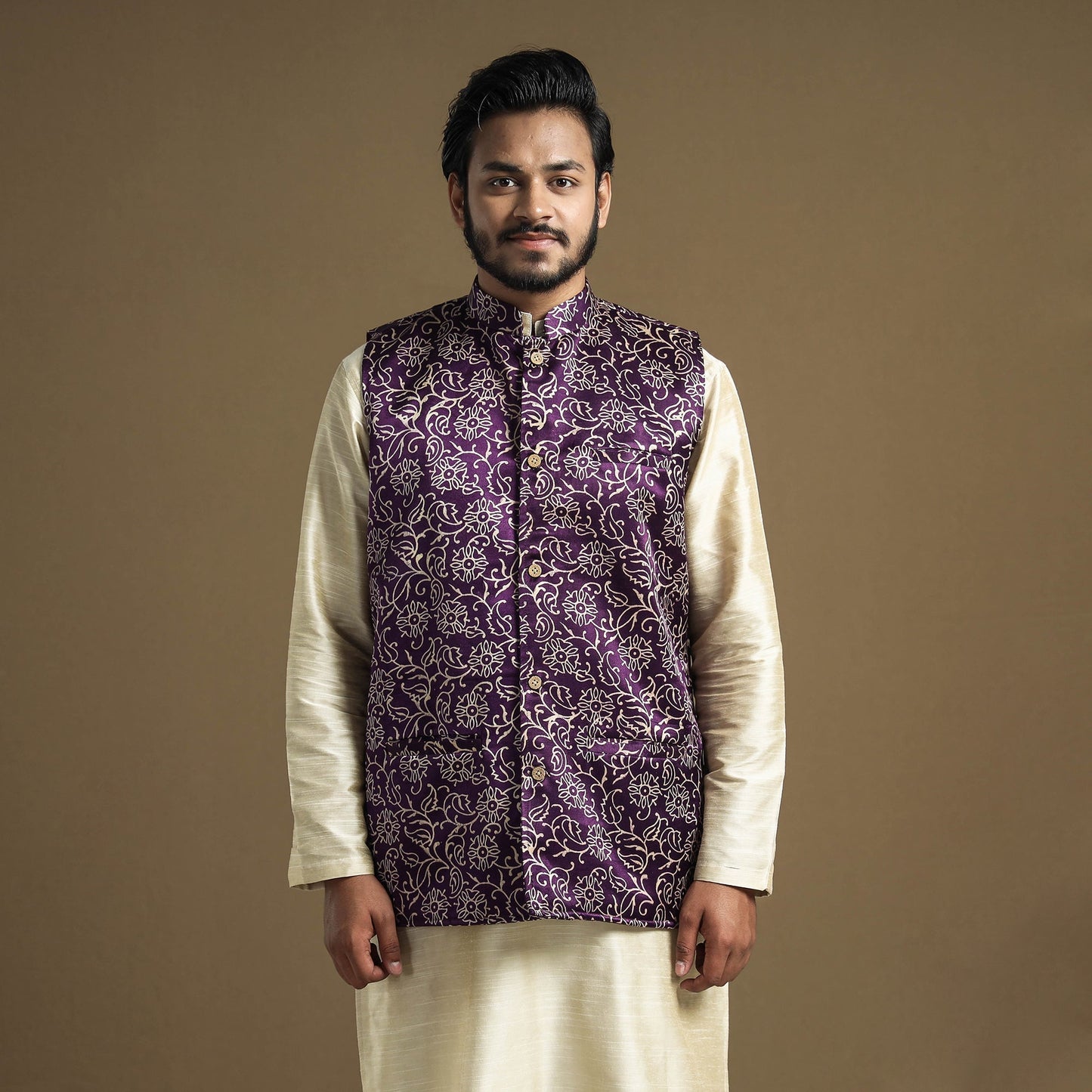 Dark purple - hand printed mashru silk nehru jacket