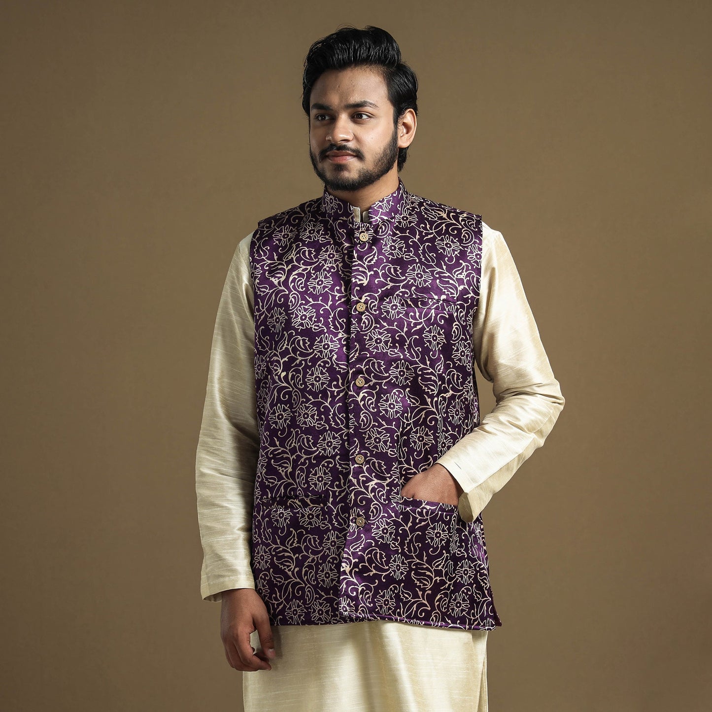 Dark purple - hand printed mashru silk nehru jacket